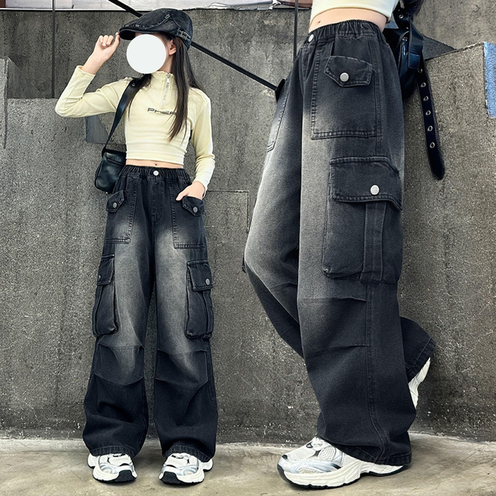 Baggy Cargo Jeans Mädchen Weites Bein High Waist Teenager Cool Jeans Hip Hop Cargohosen Gummibund Vintage Lässige Soft Jeanshose Retro