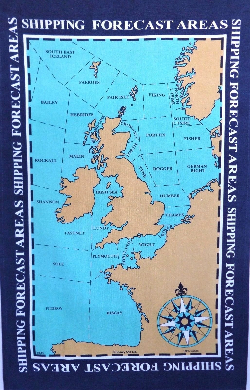 1000 Flags Turquoise Uk Shipping Forecast Areas Coastguard Galley Cloth / Fabric Poster / Tea Towel