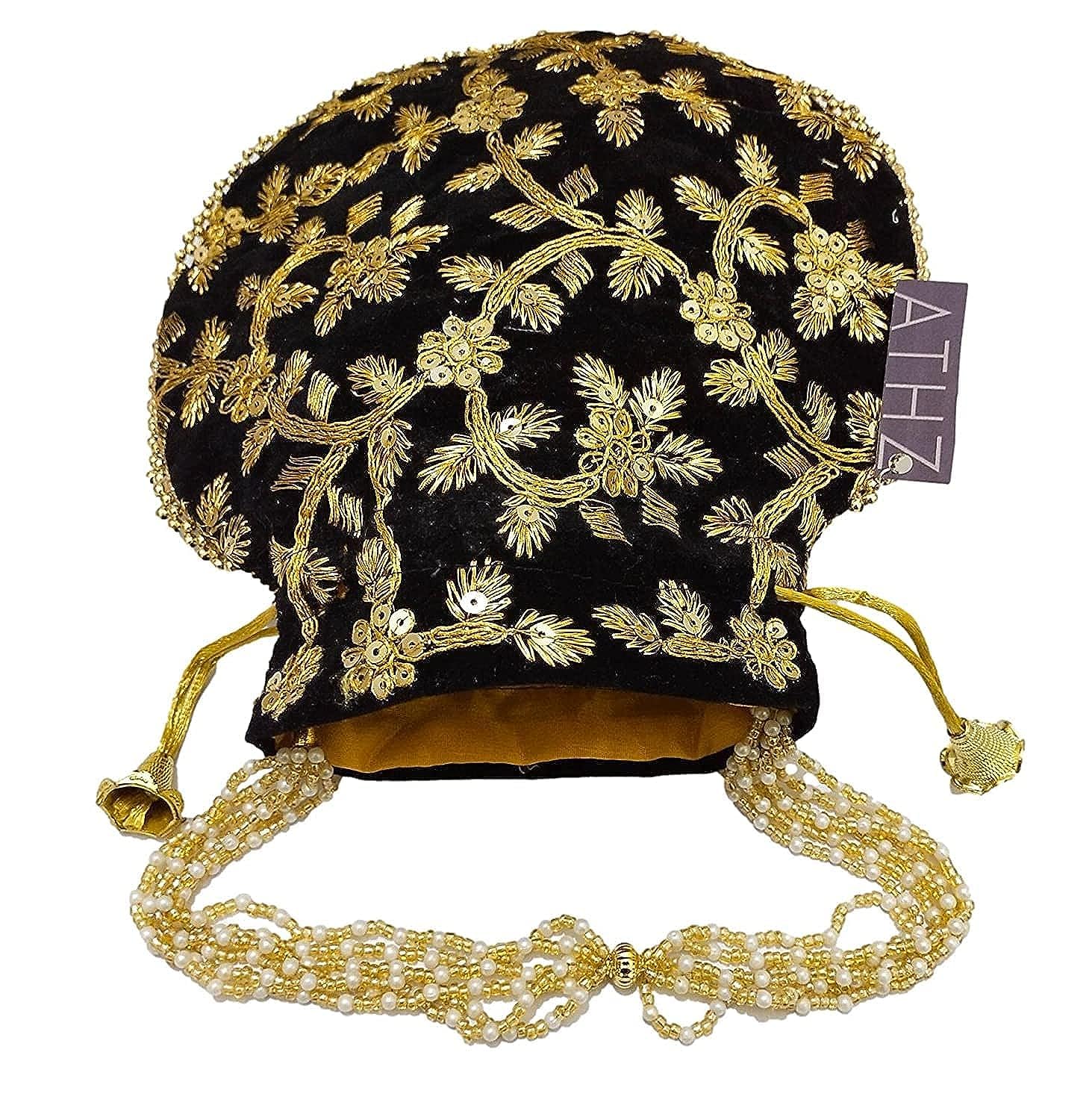 ATHZ Potli Bag Velvet Golden Work Wedding Potli for Ladies (Dark Bright Black, Beige, Blue) - Handbag 1
