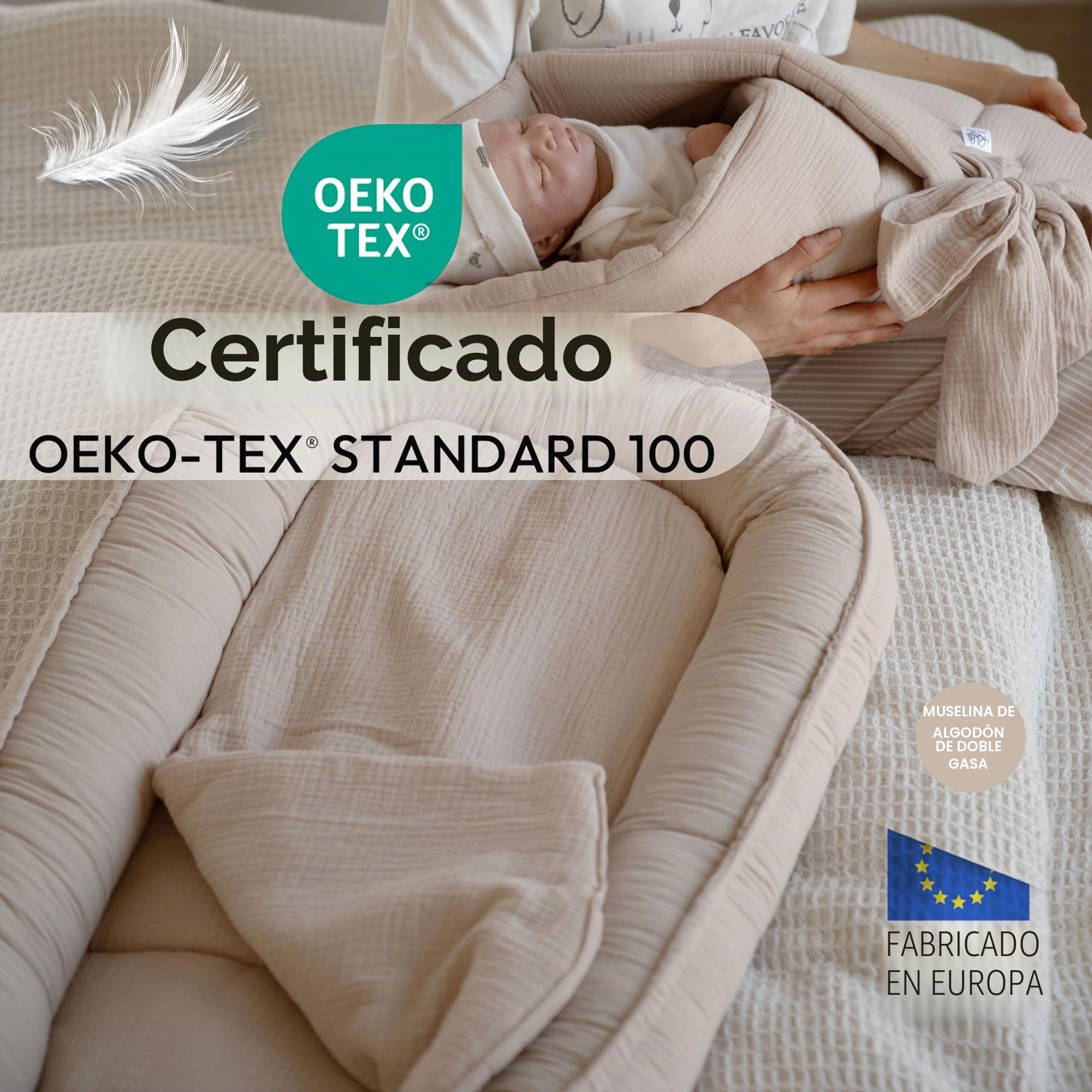 PaLulli® Nido de bebé 100x60cm – Suave nido de muselina con colchón | Nido para dormir, capullo, cuna de viaje para recién nacidos | 100% algodón (Beige)