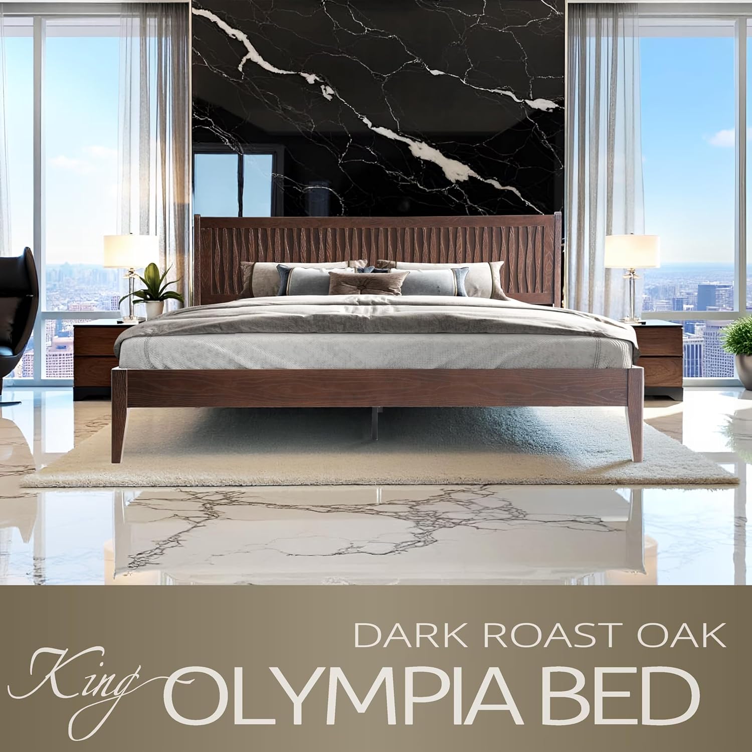 King Size Solid Wood Platform Bed Frame with Headboard & Footboard, 12 Sturdy Slats, Centre Metal Legs, Under-Bed Storage, Anti-Noise & Slip-Free, Easy Assembly, Dark Roast Oak Finish OLK-32