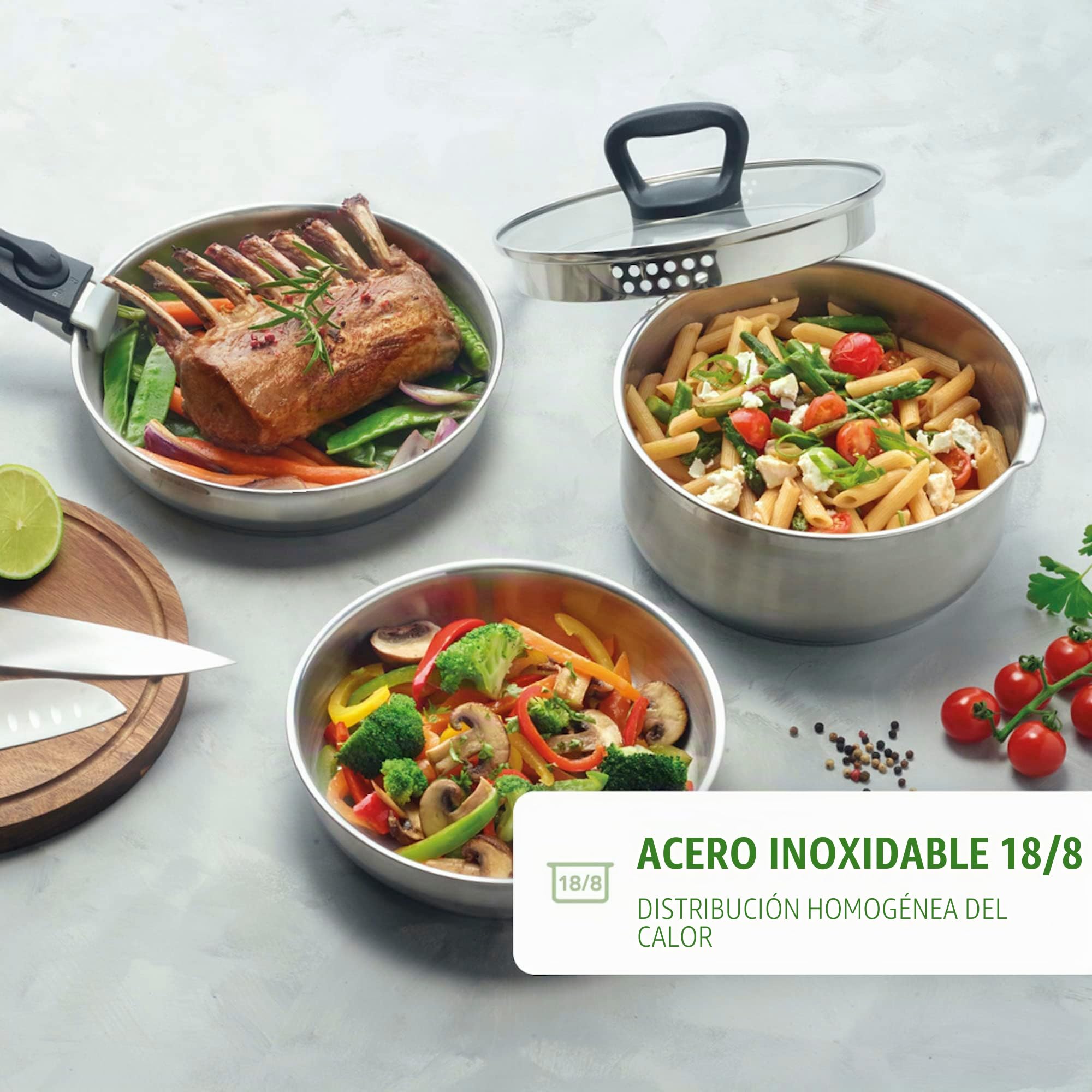 Qdesign - Batería de cocina de inducción de 10 piezas, juego de 3 ollas, 3 sartenes y 3 tapas, coladores con mango extraíble, acero inoxidable, juego para todo fuego, color plateado