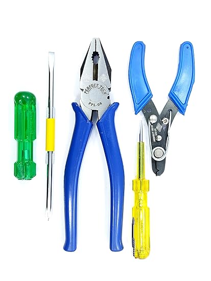 PERFECT TECH Lineman Tools Set 4 Pcs 2 in 1 | Combination Plier 8 Inch | Wire Stripper 5 inch | Tripper Line Tester | Screw Driver | Hand Tool Steel | Plier Tool Kit Set
