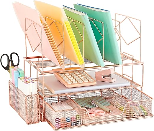 Youbetia Desk Organizers and Workspace Accessories - Office Supplies Desk Organizer, File Organization with File Sorters + Pen Holder, Double Tray and 5 Upright Sections with Drawer, Rose Gold
