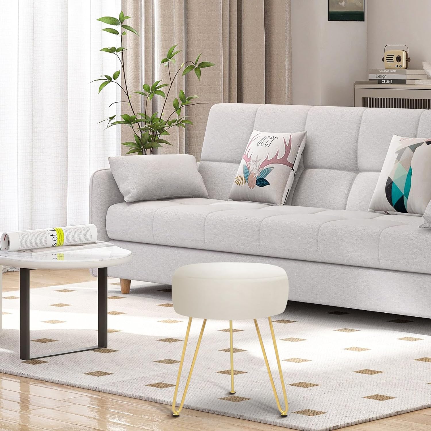 GERANT Multifunctional Vanity Stools - Velvet Round Ottoman Modern Dressing Stool -Upholstered Footrest Stool - Side Table Footstool with Golden Metal Leg for Living Room, Bedroom(Beige)