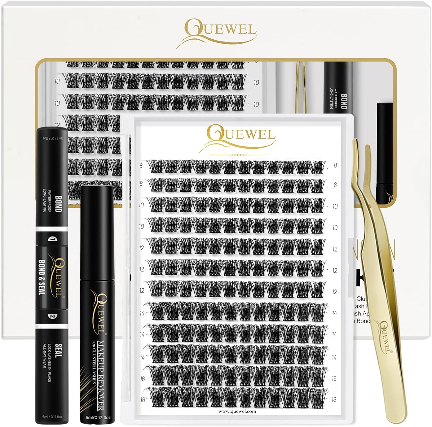 QUEWEL DIY Eyelash Extensions Kit, Lash Clusters 144 Pcs, Clusters Eyelash Applicator Tool, Super Hold Cluster Lashes Bond and Seal, Glue Remover Easy to Apply at Home(S012-Kit)