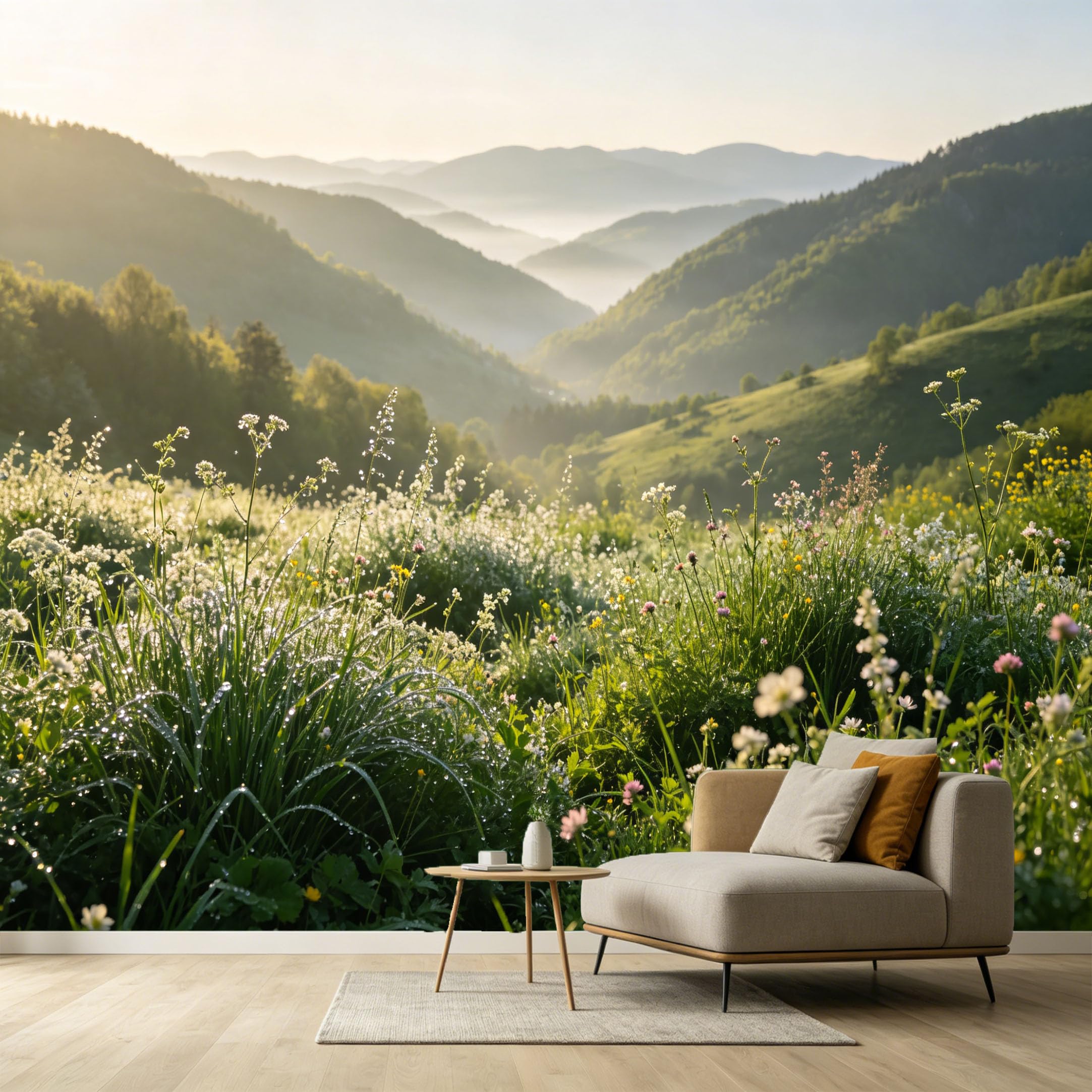 Custom Size Wall Murals Misty Morning Mountain Landscape Wildflower Meadow Nature View SelfAdhesive Wall Fabric Removable Large Wallpaper for Photo Living Room Interior Decor