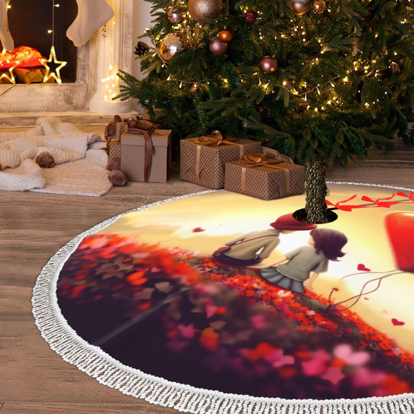 Jupe de sapin de Noël couple d'amour pour cacher le pied de l'arbre proprement