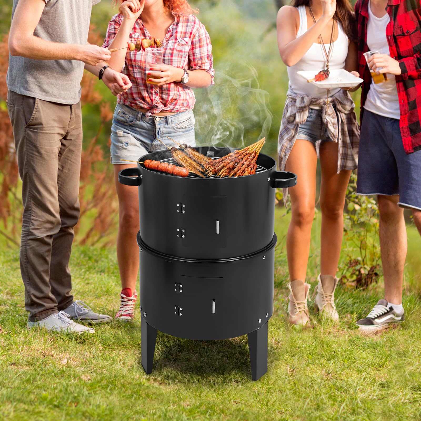 Barbecue autoportante a carbonella, forno per affumicatura 3 in 1,84 cm, con forno, termometro integrato e prese d'aria regolabili, multifunzione, per la preparazione di carne, pancetta