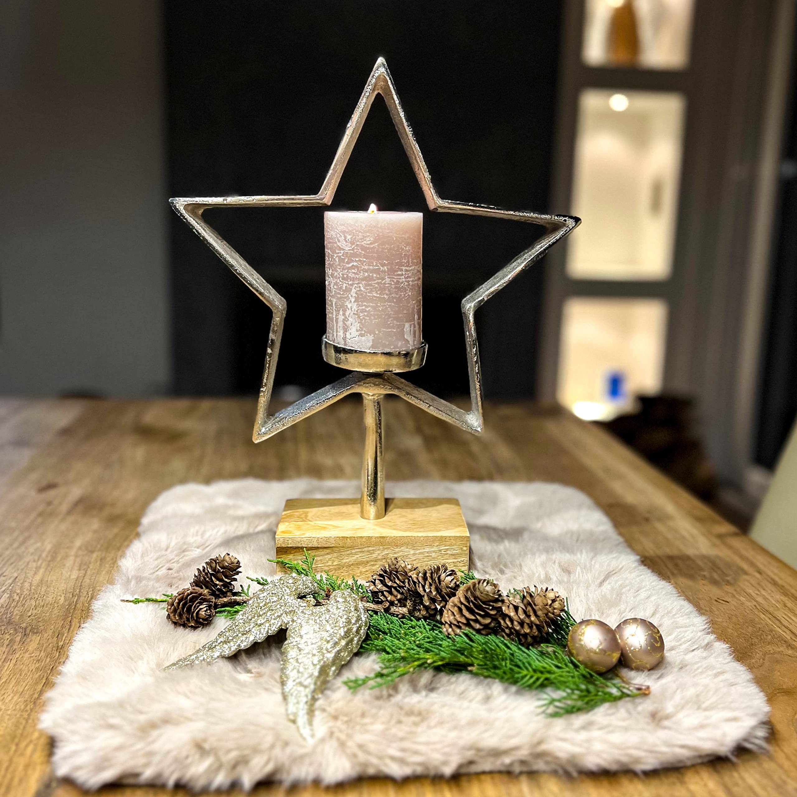 Brandsseller Deko Metall Stern mit Kerzenhalter auf Holzpodest Weihnachtsdeko Weihnachtsstern Kerzenleuchter Kerzenständer Silber