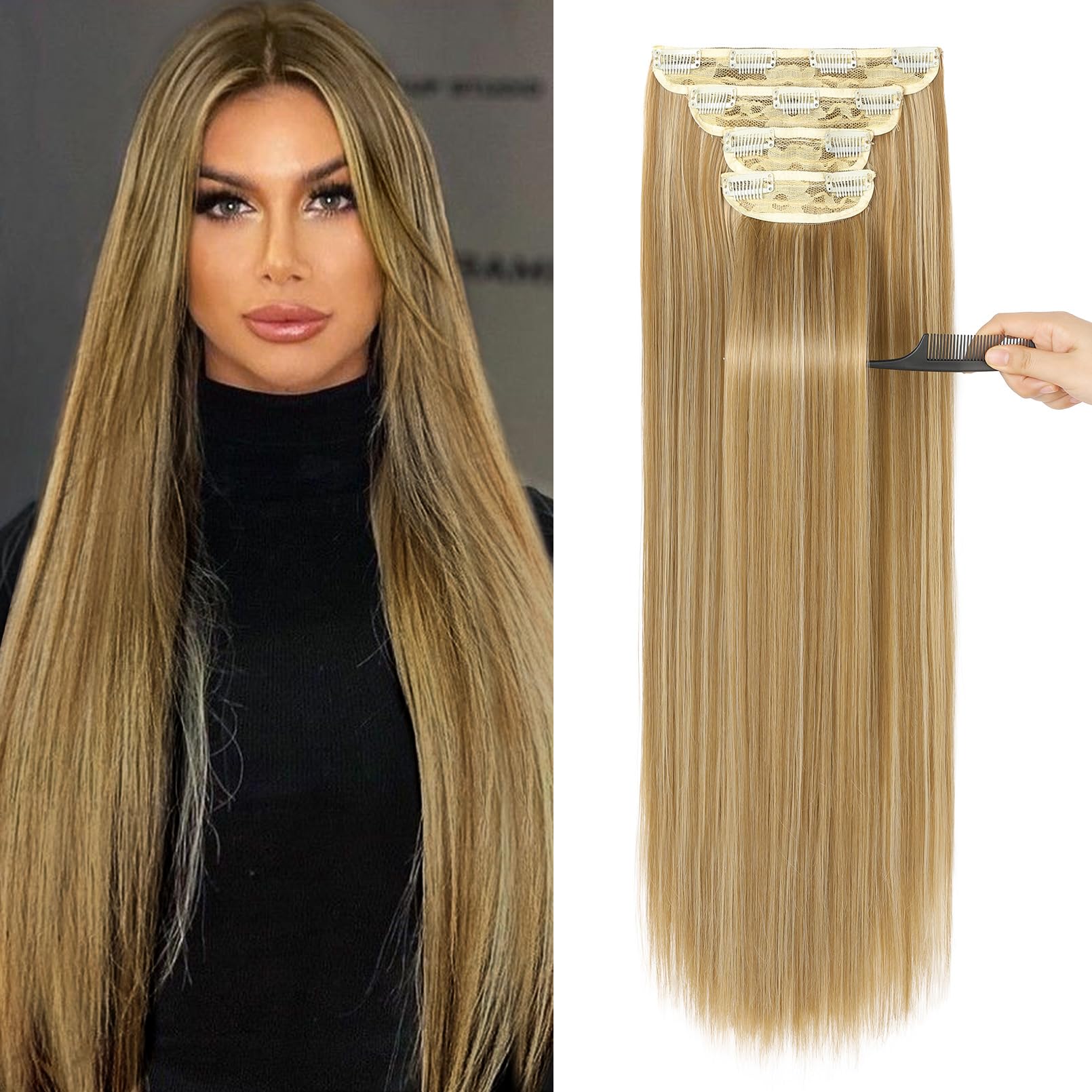 REECHO 28" Straight Long 4 PCS Set Thick Clip in on Hair Extensions - Golden Blonde with Highlights