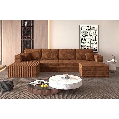 118" Modular Sectional Sofa with Chaise and Ottoman, Oversized U-Shaped Corduroy Cloud Couch, Deep Seat Boneless Couch for Living Room, No-Assembly - Brown