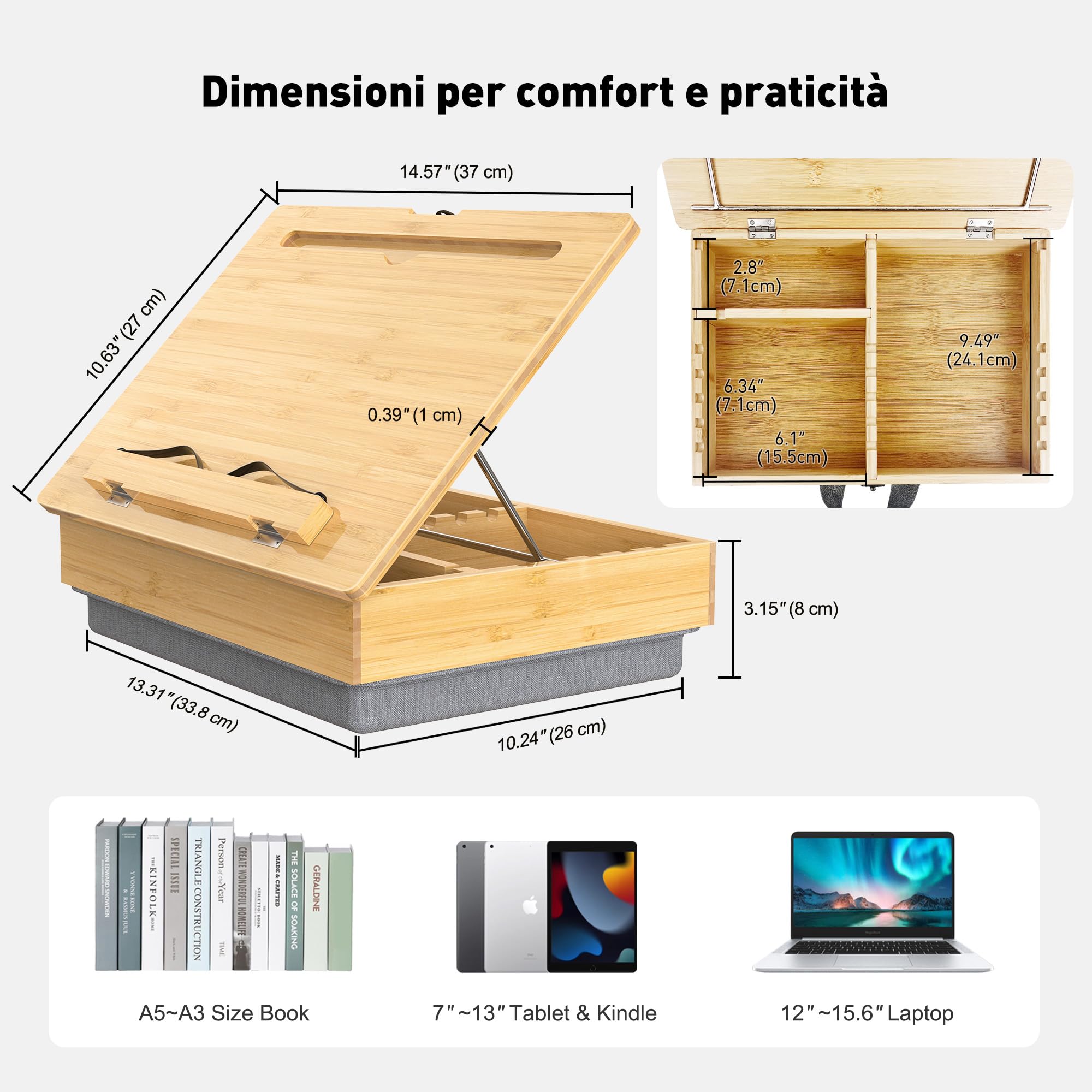 AboveTEK Leggio in Bambù con Cuscino Morbido, Supporto Regolabile con Scomparto, Porta Libro da Letto, Scrivania e Cucina, Leggio per Lettura Mani Libere e Porta Ricettario