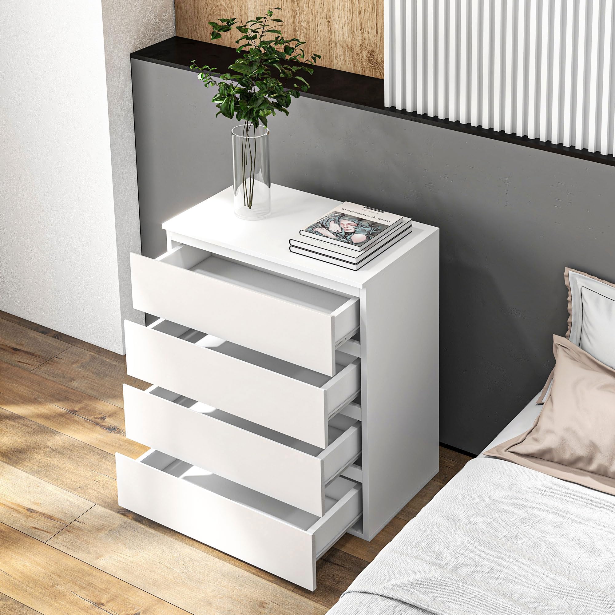 HOMCOM Cassettiera Camera da Letto 4 Cassetti, Comò Camera da Letto in Legno, per Soggiorno, Sala da Pranzo e Corridoio, 60x40x80 cm, Bianco