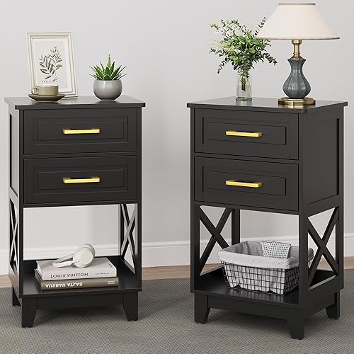 Miniatura 18 de RoyalCraft - Mesita de noche alta, mesa auxiliar blanca con 2 cajones y estante abierto debajo, mesita de noche con patas sólidas, mesita de noche