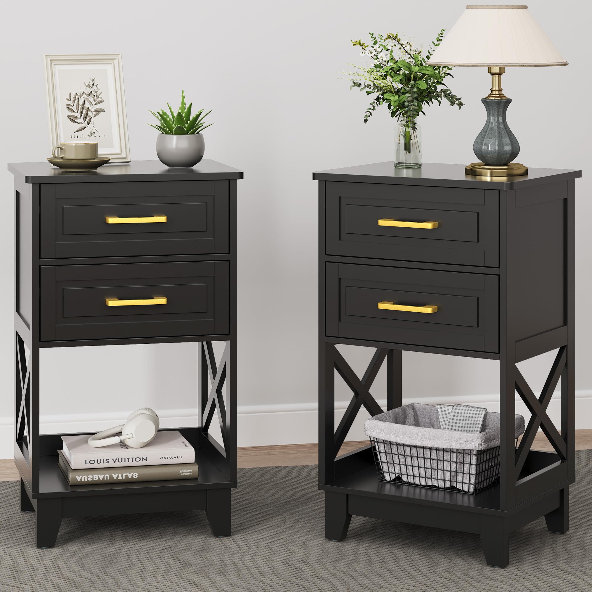 Amazon.com: RoyalCraft Black Tall Nightstand Set of 2, Side Table with ...