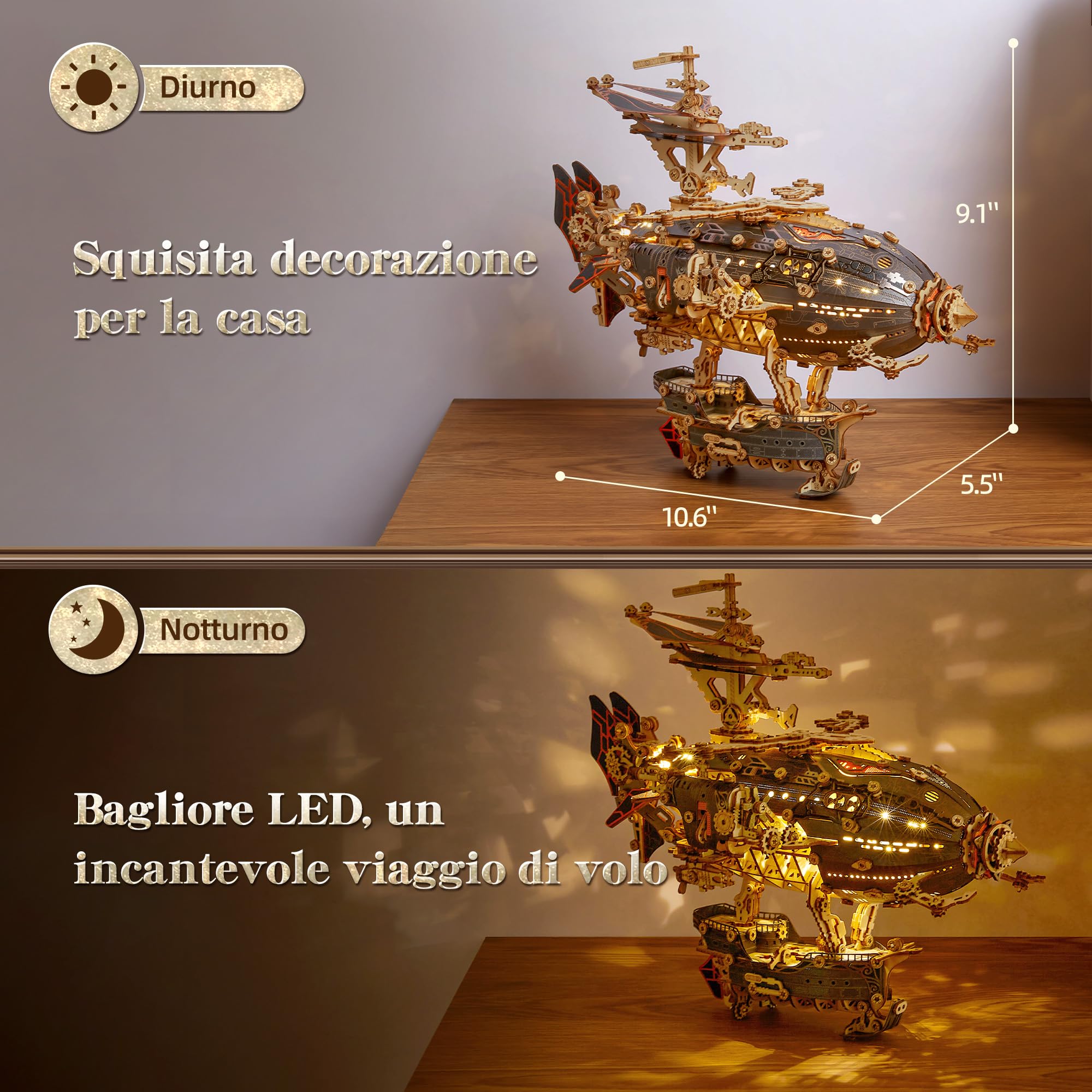 FUNPOLA LED 3D Puzzle in legno modello di dirigibile - Kit artigianale Steampunk con LED - Set di costruzione modello di dirigibile in legno per adulti (Grigio)