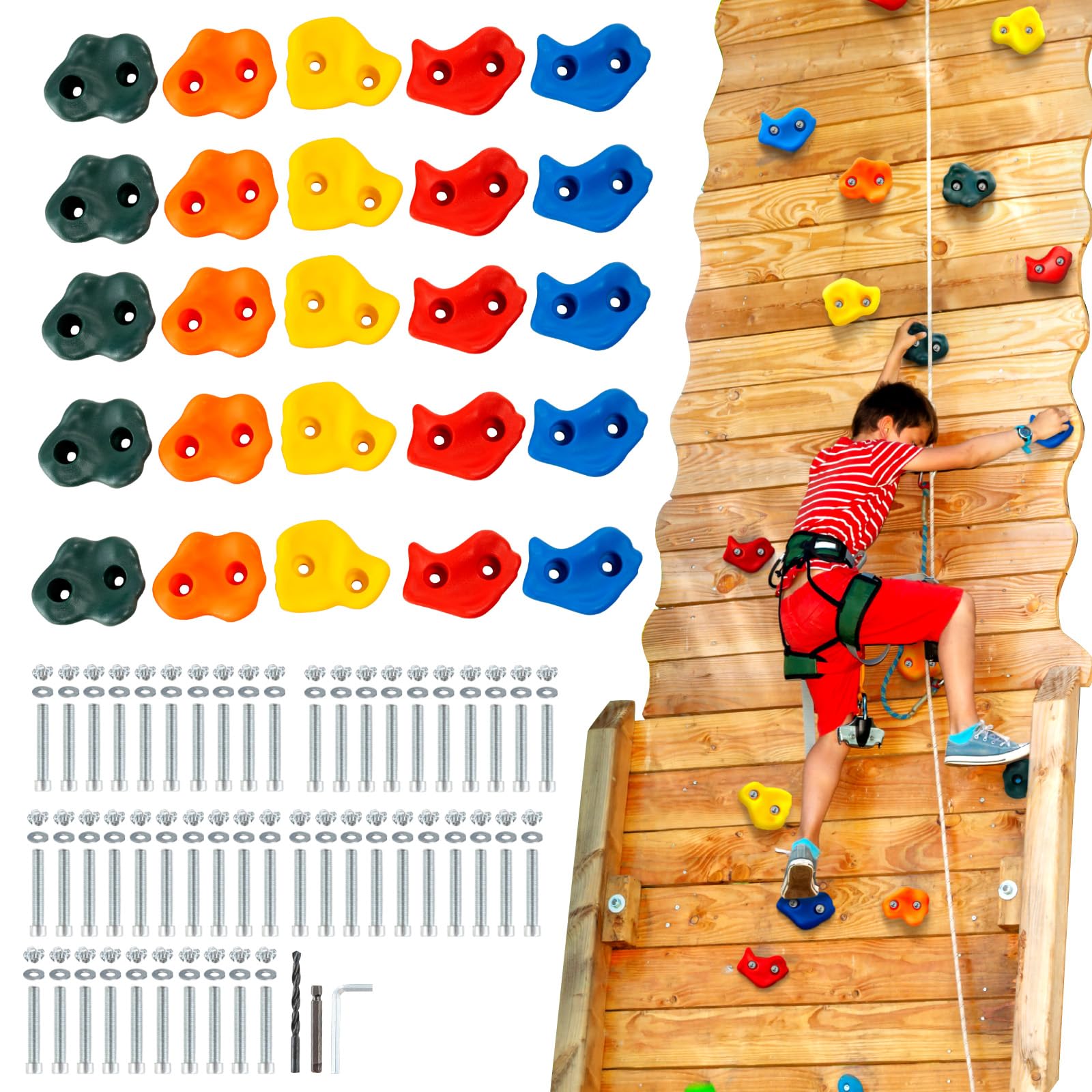 VEVOR 25 Rock Climbing Holds, Multi-Size and Multi-Colored Climbing Rocks for Kids and Adults, Rock Wall Holds with Mounting Hardware, Climbing Wall Grips for Indoor and Outdoor Playground Play Set
