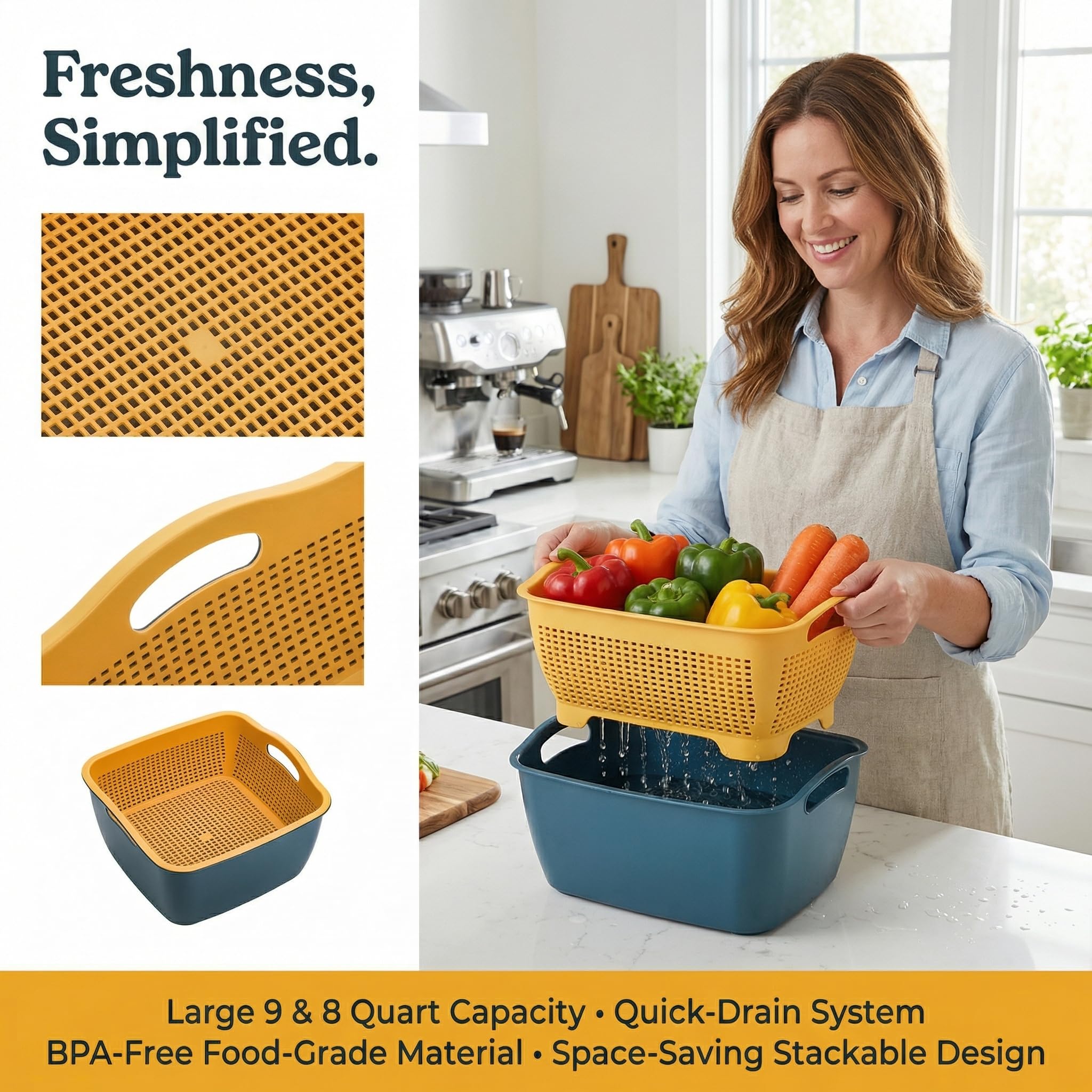 Jucoan Juego de 2 cuencos de cocina grandes de 9 y 8 cuartos de galón, cesta de plástico de doble capa para lavar frutas y verduras, cuencos de drenaje para limpieza