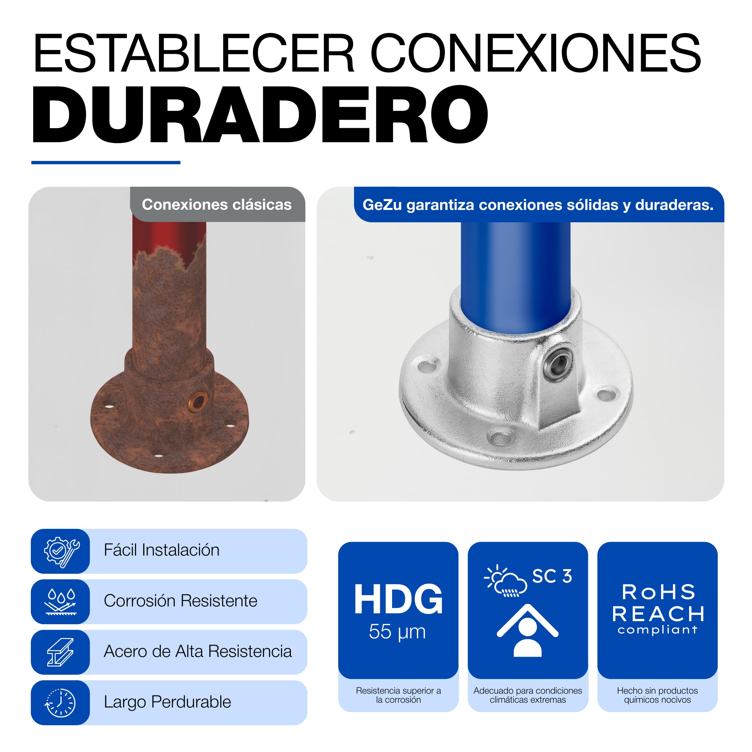GeZu Impex Abrazadera de Tubo con Placa de Brida Ø 27mm Galvanizada en Caliente Plata Soporte de Base para Barandilla