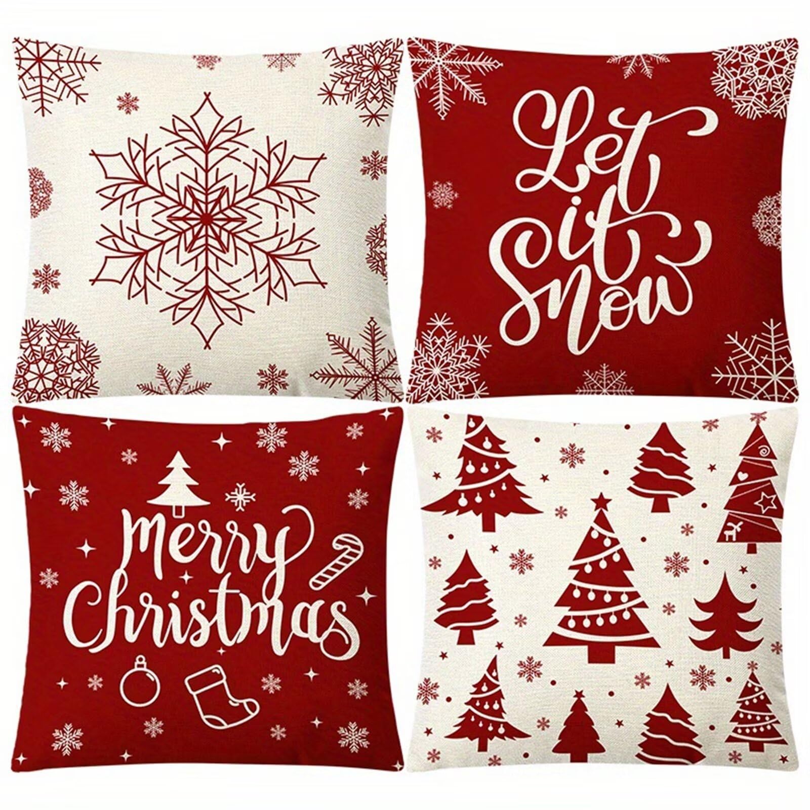 4 Pezzi Natalizi Cuscini per Divano, Natale Federe Cuscino Divano 60x60 CM Fiocco di neve rosso Natale, Natale Lino Copricuscini, Decorazione Natalizia per la Casa Soggiorno Natalizie Decorativi