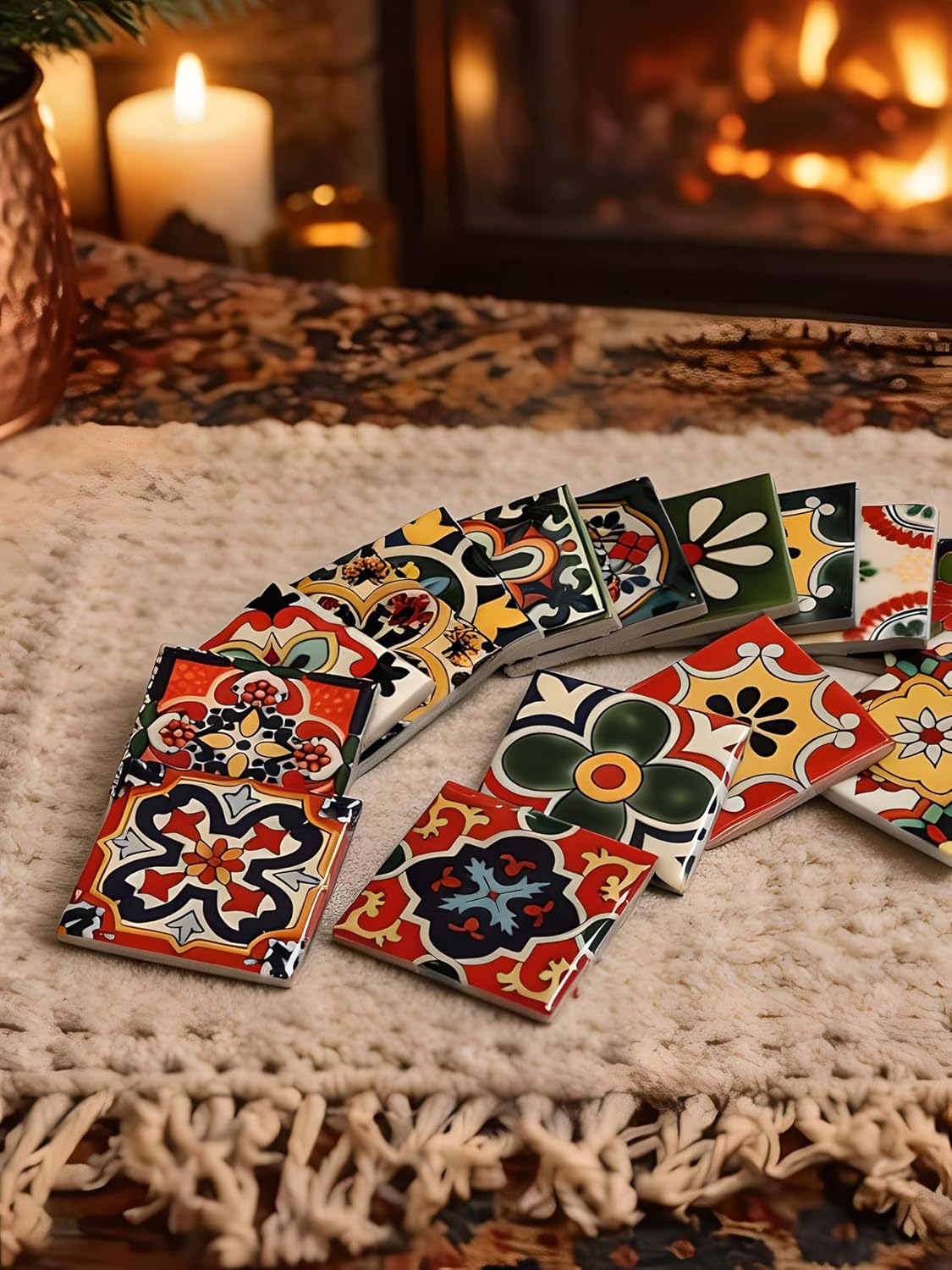Heimerdinger 16-Pack Mixed Talavera Ceramic Tiles - 1.9"x1.9" Hand-Painted Mexican Moroccan Design Mosaic for DIY Home Decor, Waterproof & Fire Resistant