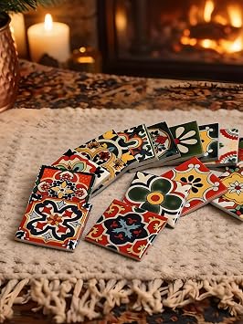 Heimerdinger 16-Pack Mixed Talavera Ceramic Tiles - 1.9x1.9 Mexican Moroccan Design Mosaic for DIY Home Decor, Waterproof & Fire Resistant