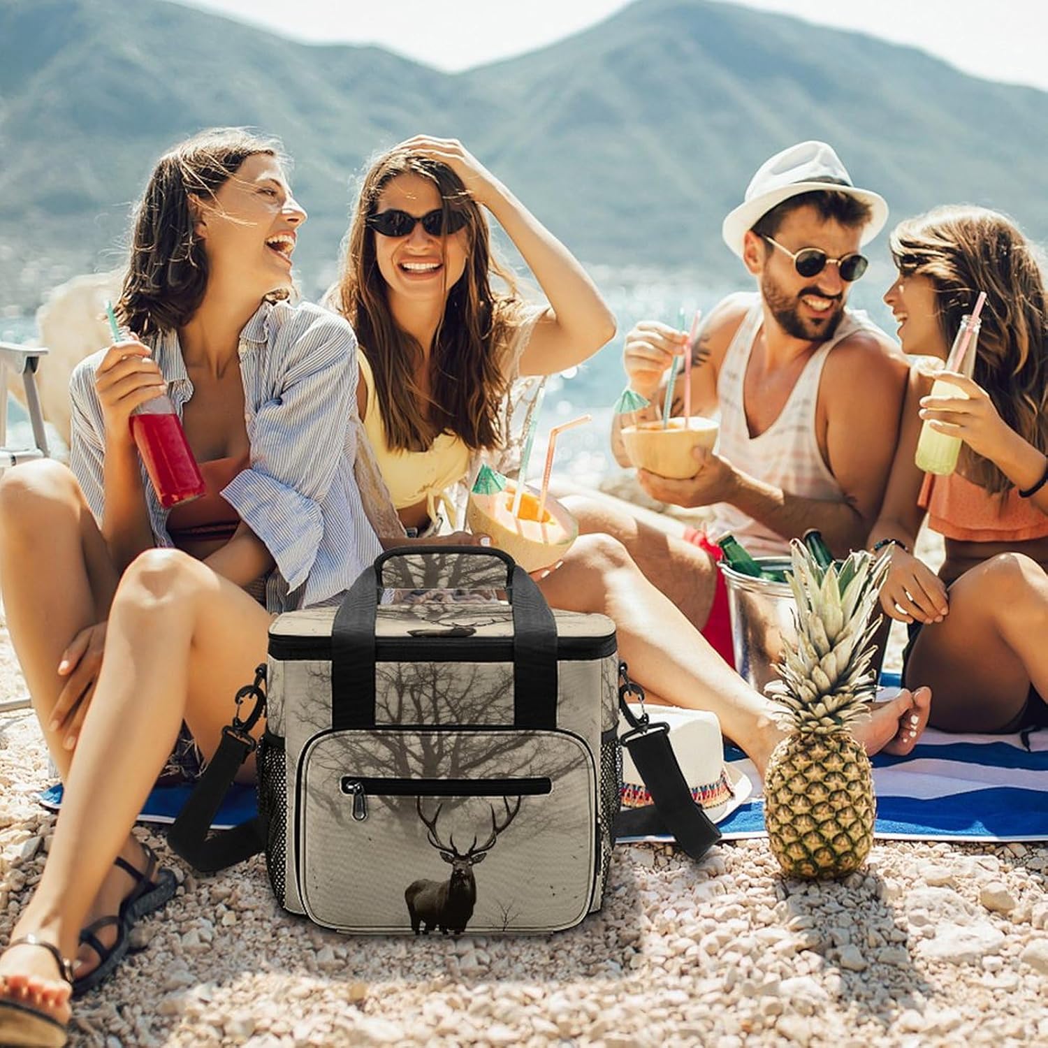 Camping Ice Pack, Abstract Tree Elk Picture Print Cooler Bag, 22.5L Large Capacity Insulated Lunch Tote Bag for Outdoor, Picnic, BBQ, Travel, Work