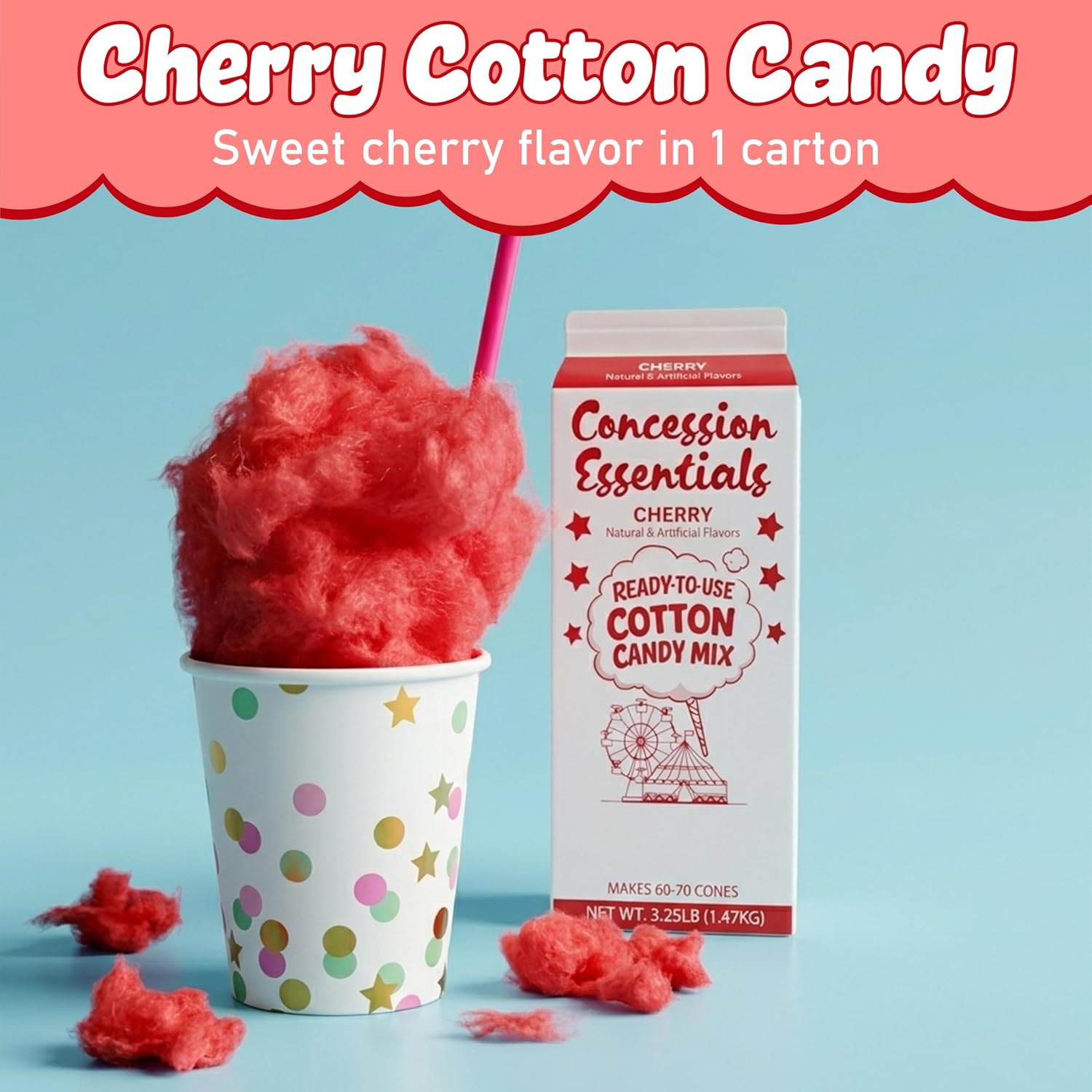 Perfectware Concession Essentials Cherry Cotton Candy Mix – Ready-to-Use Floss Sugar for Cotton Candy Machines – Makes 60–70 Cones – 3.25 lb Carton – Carnival Style Cotton Candy Sugar image 5
