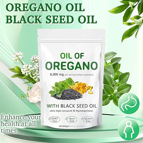 Miniatura 2 de Aceite de cápsulas blandas de orégano, 2 en 1 formulado con aceite de semilla negra, Carvacrol de fuerza 4X, a base de plantas, sin OMG, 300 unidades