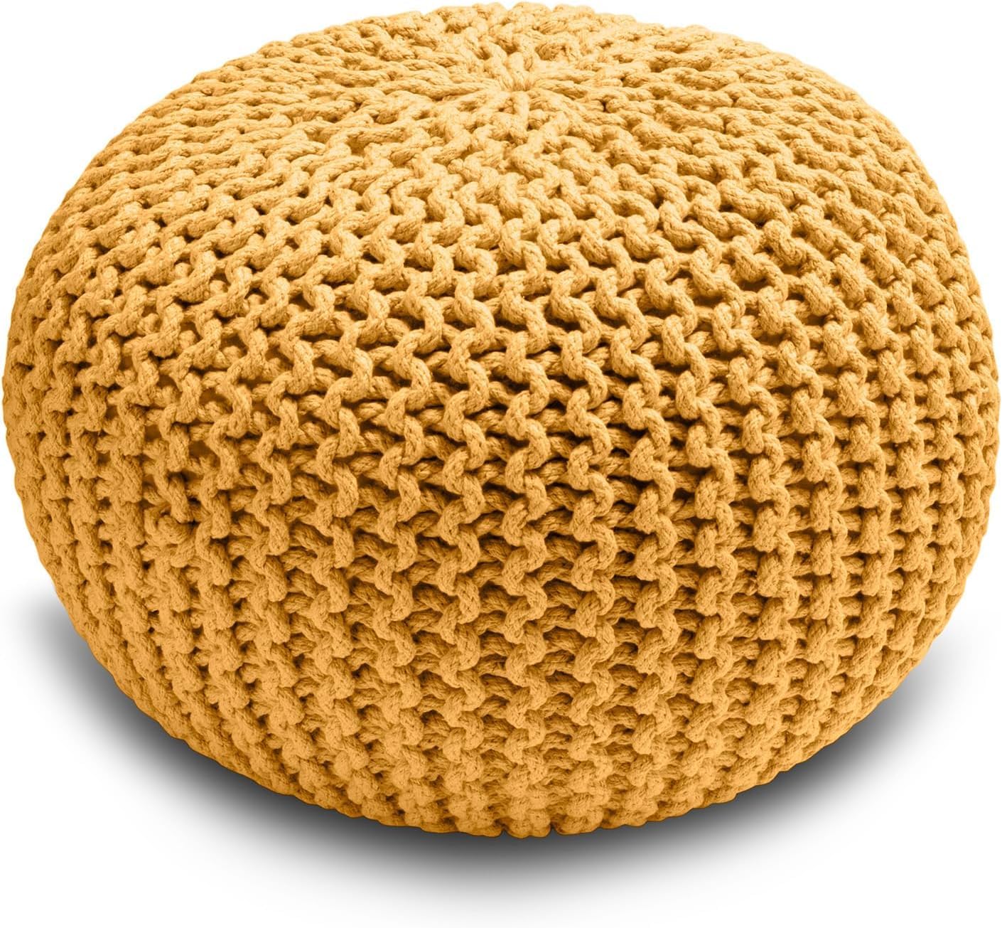 CASVO® Handmade Large Knitted Pouffe Ottoman 100% Cotton Chunky Couffes for Living or Library Book Reading Office Room Versatile for Foot Rest Extra Seating & Home Decor 50cm Foot Stool (Mustard)