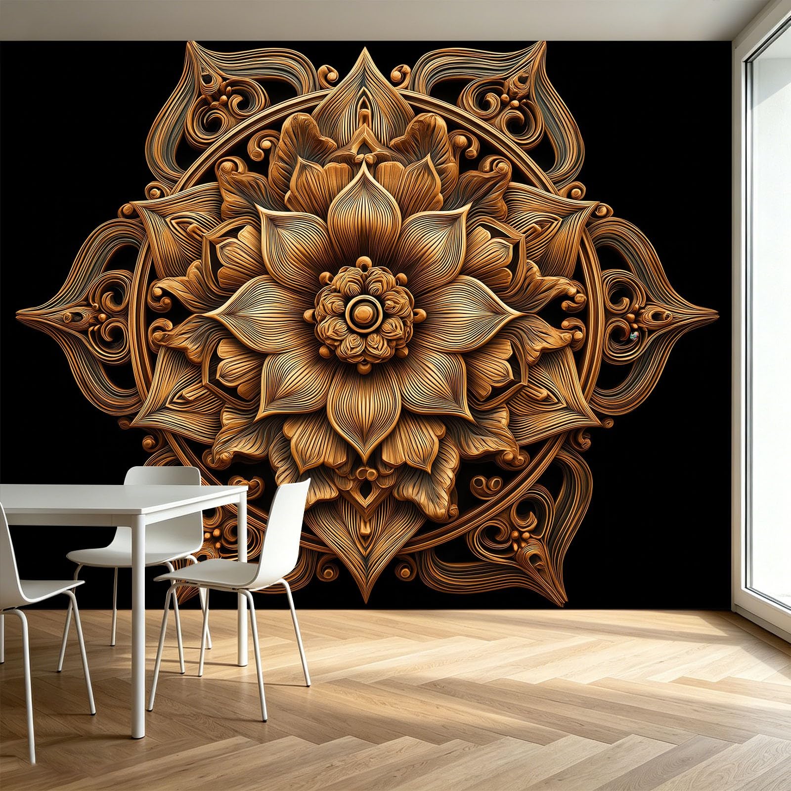 Papel pintado 3D efecto mandala loto 300 x 210 cm XXL Fotomural Dormitorio Simétrico Geométrico Papel Pintado Salón Pared Decoración Pasillo Aesthetic Murales
