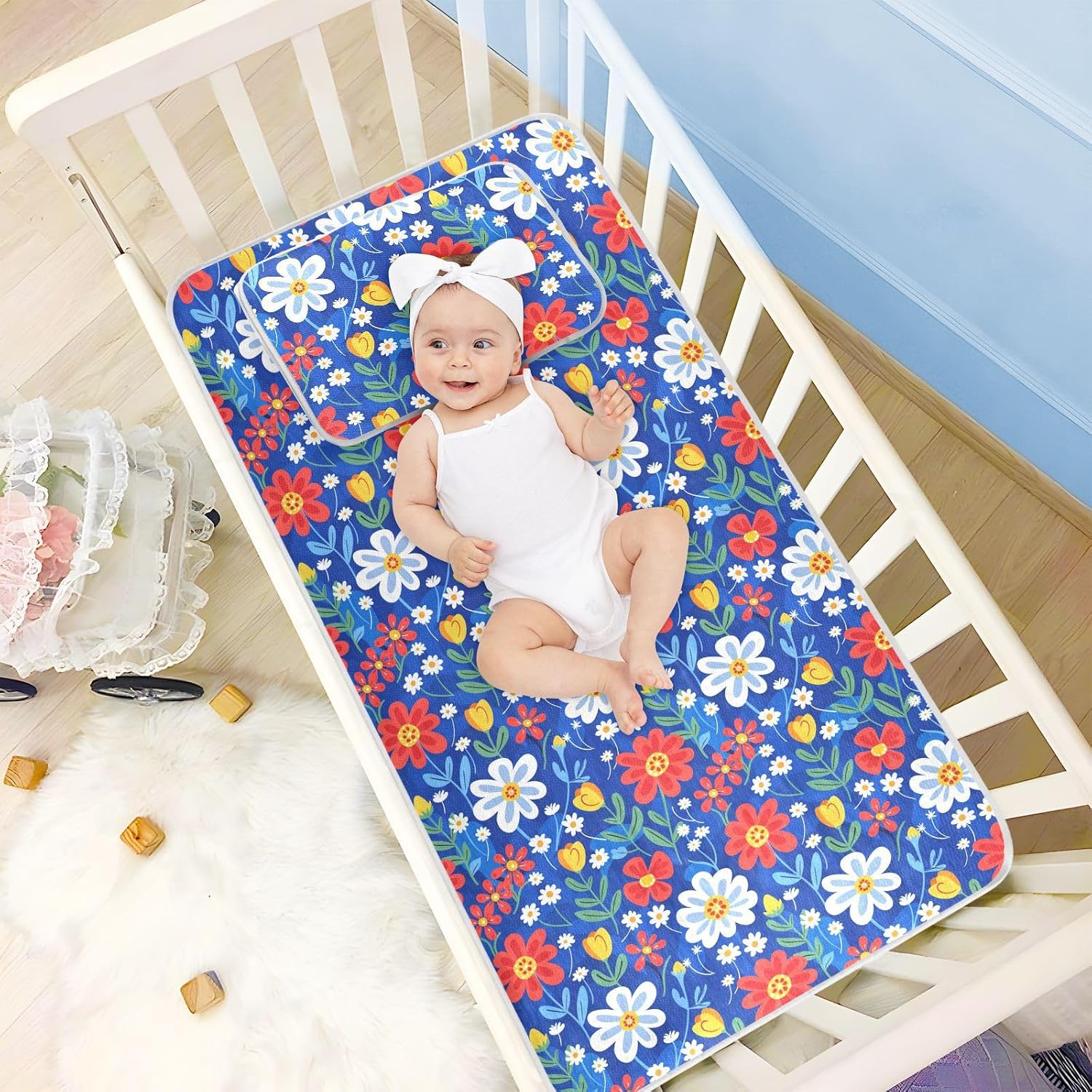Colorful Florals Blue Cooling Baby Waterproof Mattress 28" x 52" Breathable Crib Mattress pad for Baby&Toddler