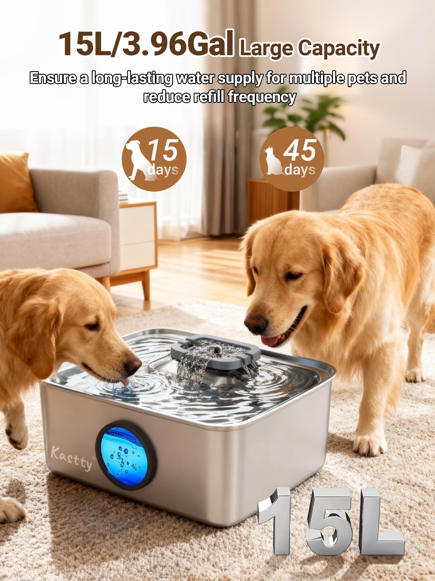 Kastty 15L/4 Gal Dog Water Fountain, Stainless Steel Large Pet Water Fountain with Water Level LED Light, Quiet Automatic Dog Water Bowl Dispenser for Dogs Inside Easy Cleaning FS79 - image 2