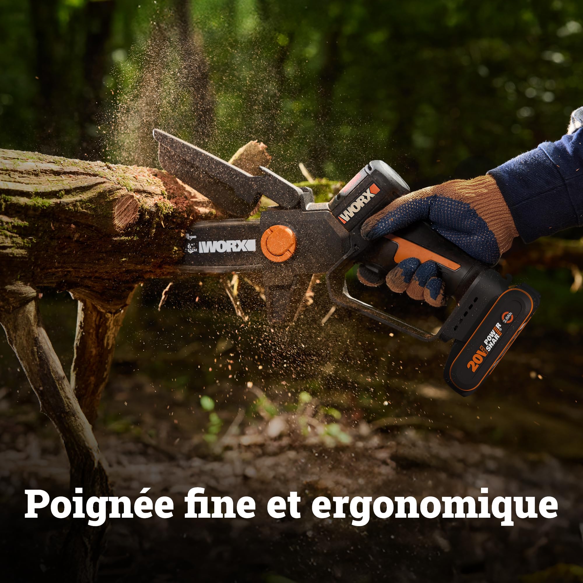 WORX Élagueuse Mini Tronçonneuse sans fil 20V WG327E.9, guide de 15 cm, moteur brushless, lubrification et tension automatique, compacte et ergonomique, livrée sans batterie ni chargeur