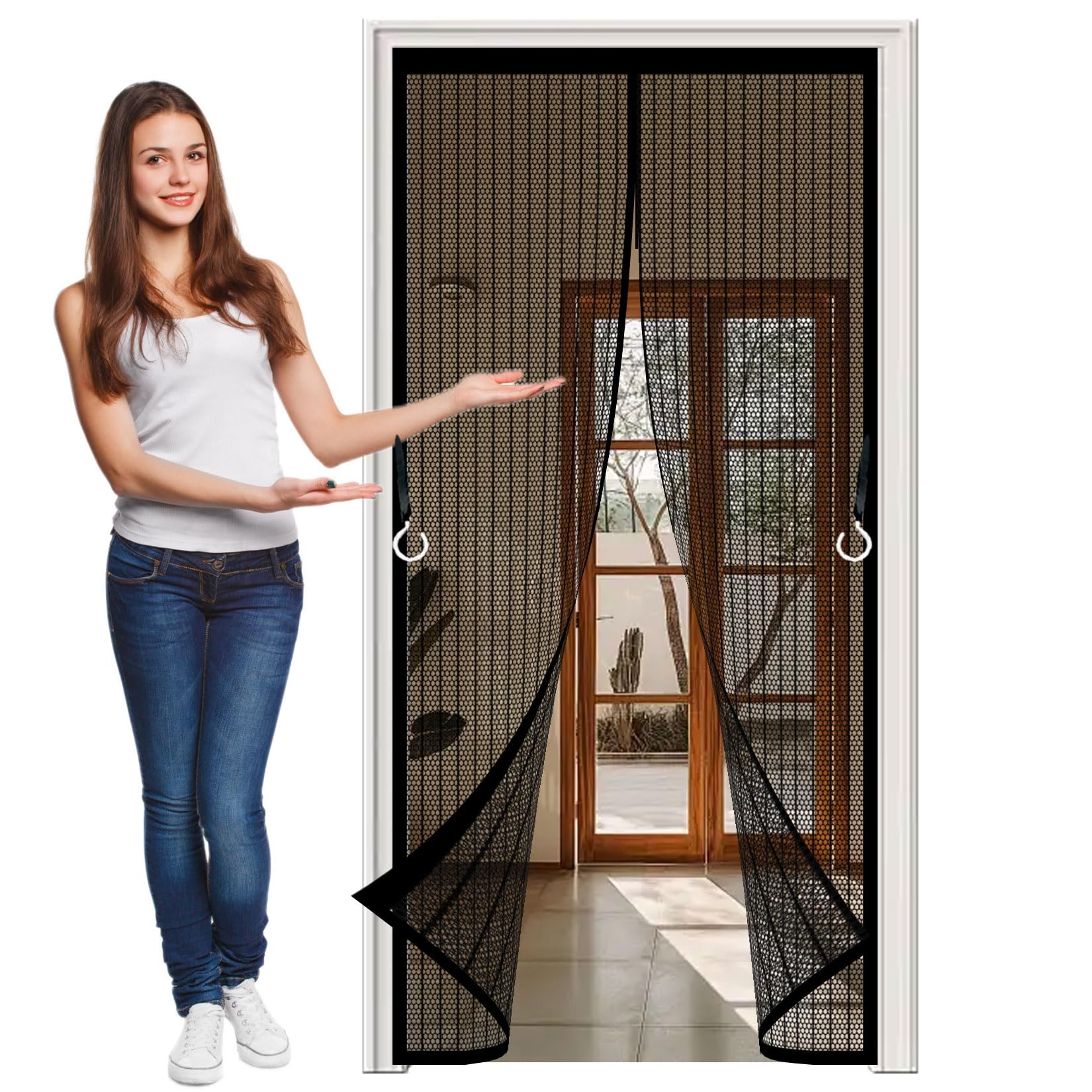 Magnetic Fly Insect Screen Door 84 x 141 cm with Magnets, Magic Tapes, Polyester Flyscreen French Doors, Bug Mesh Curtain Heavy Duty, Lets Fresh Air Pet and Kid Friendly, Black