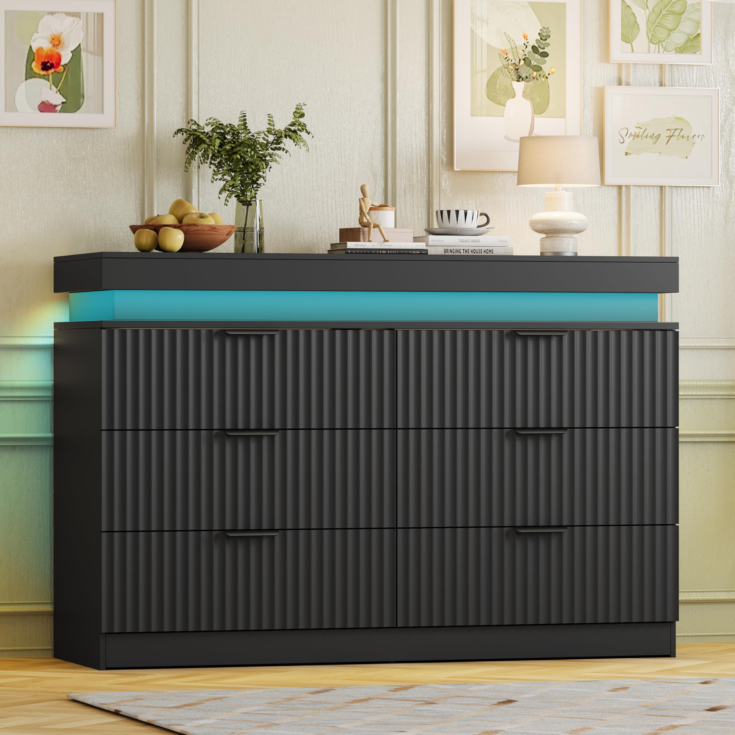 Fluted 6 Drawer Dresser with LED Lights &amp; Charging Station, Black