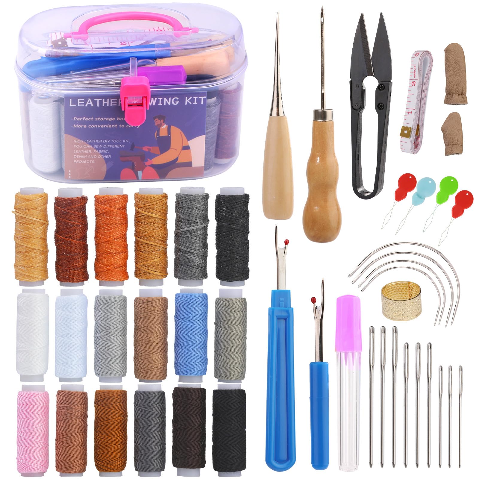 45Pcs Upholstery Repair Sewing Kit, Leather Sewing Tools, Wax Thread and Sewing Needle Sets, Sewing Thread Kits with Complete Accessories for Leather Sewing, Furniture Repair Craft Projects