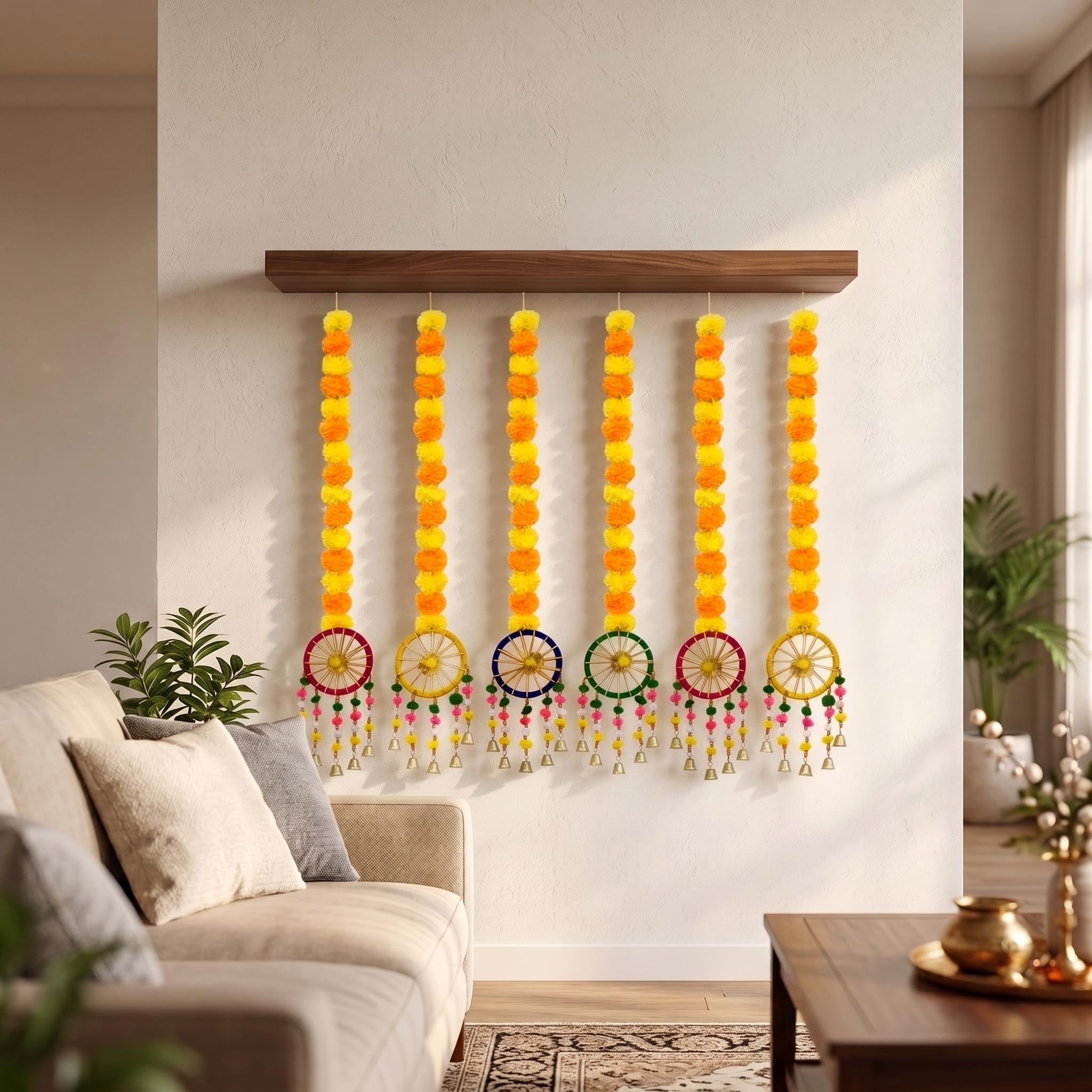 JH Gallery Handmade Artificial Marigold Fluffy Flowers with Ring Bell Hanging Latkan Toran For Home, Festival, Wedding, Temple Pooja Room Decoration (Pack of 6)-image-7