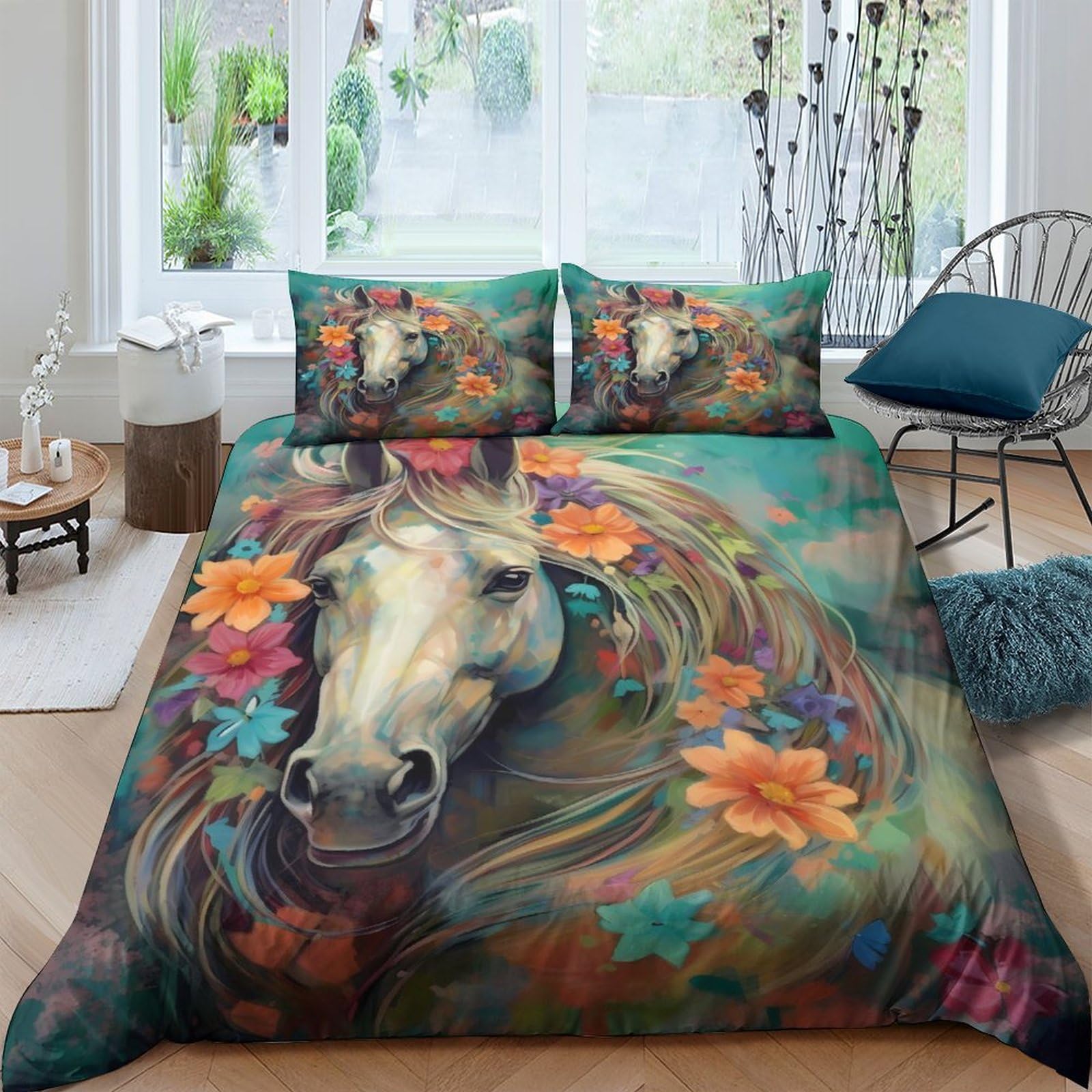 Parure de lit fleurs et chevaux 3D avec housse de couette double 200x200cm et taies en microfibre