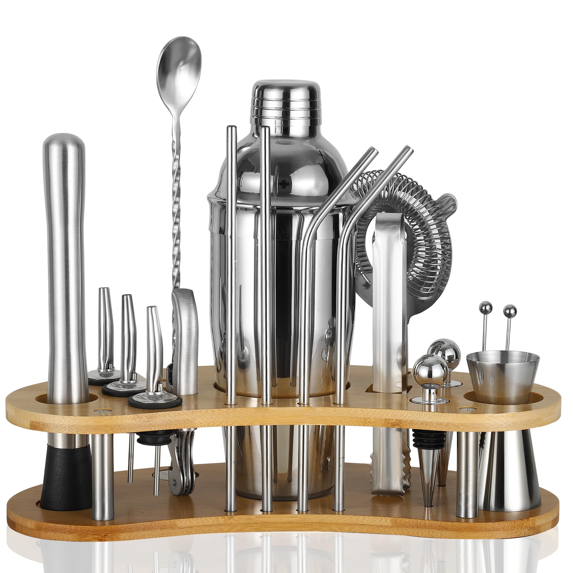 19 Piezas Coctelera, 750 Ml Coctelera Profesional de Acero Inoxidable Soporte Madera y Libro de Recetas De CóCteles, Cocktail Shaker, Regalo para Hombres y Mujeres (Bar en Casa, Fiesta, Boda)