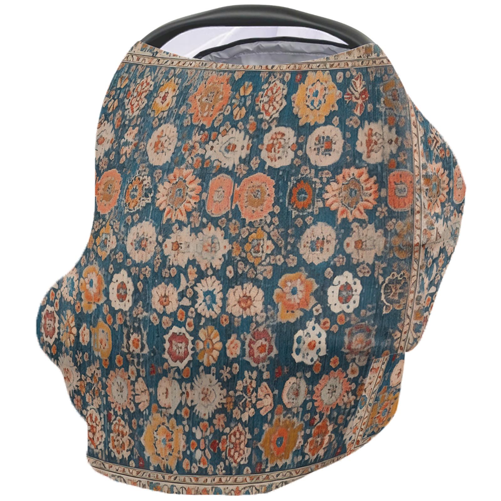 Nursing Cover for Breastfeeding Scarf, Orange Brown Blue Floral Textured Boho Oriental Vintage Baby Car Covers Super Soft Multi Use for Canopy Shopping Cart Cover Blanket Stroller Cover