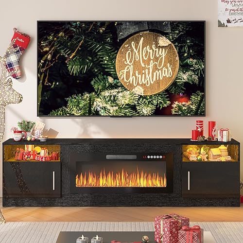 Miniatura 49 de PUKAMI Soporte de TV con chimenea de 18 pulgadas para sala de estar, centro de entretenimiento de 58 pulgadas con luces para patas, armario moderno