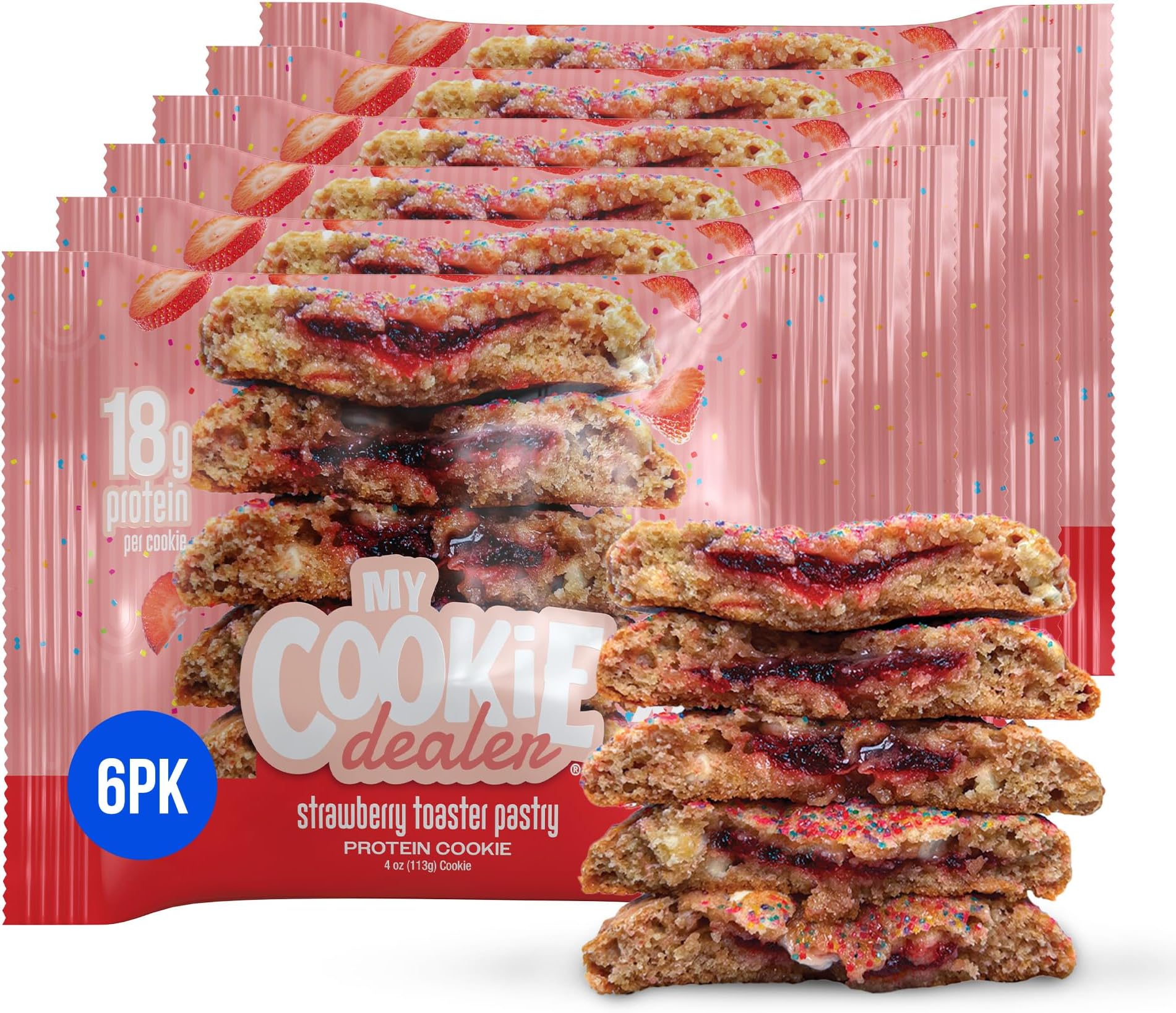 My Cookie Dealer Protein Cookies, Strawberry Toaster Pastry (4oz, Pack of 6) - 18g Protein per Cookie - Individually Wrapped Workout Snacks for On-The-Go Travel