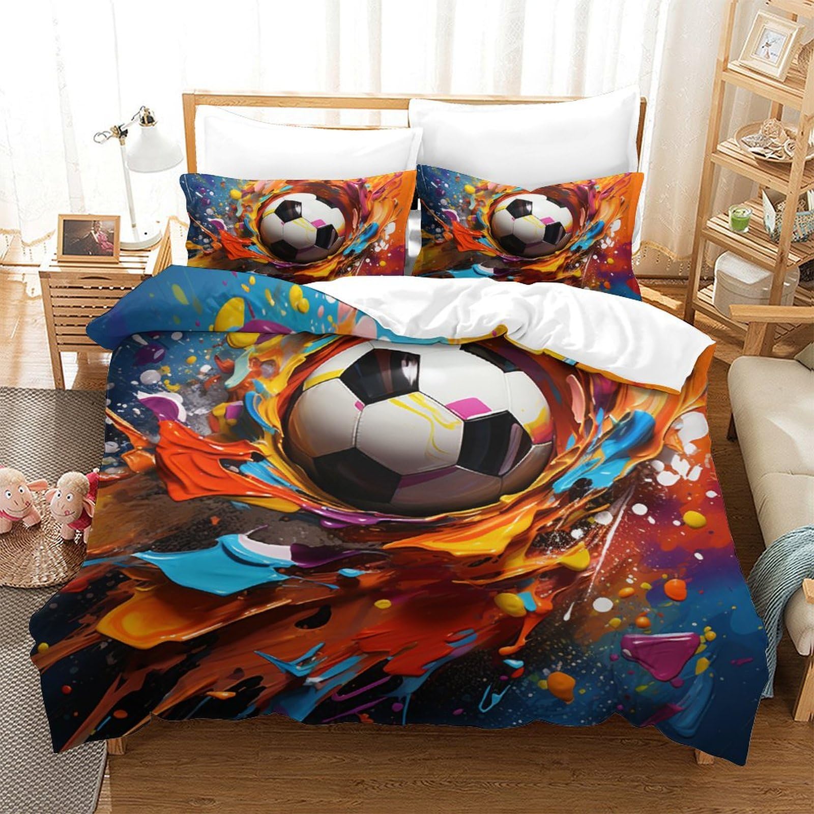 Housse de couette football 200x200cm parure de lit zippée facile à laver pour adolescent