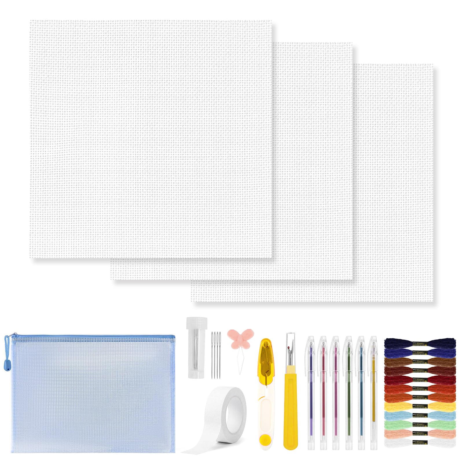 18 Mesh Needlepoint Canvas Set, 3Pcs Embroidery Cloth &amp; 12 Colors Thread