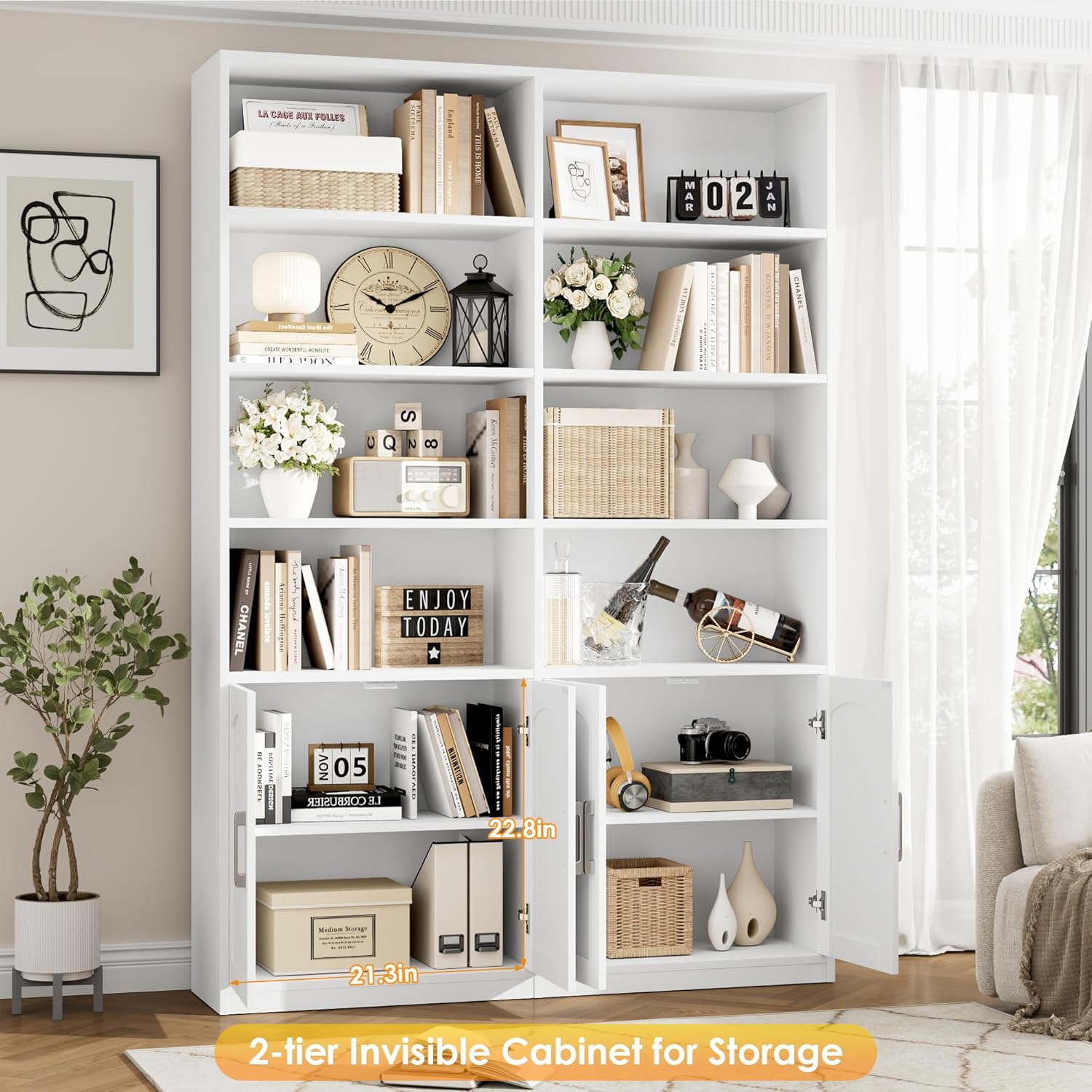 FACBOTALL Bookshelf and Bookcase with Doors, 6 Tier Double Wide Large Bookshelves, Open Display Shelves, 73'' Tall Bookshelf with Storage Cabinets for Home Office, Living Room, Library, White