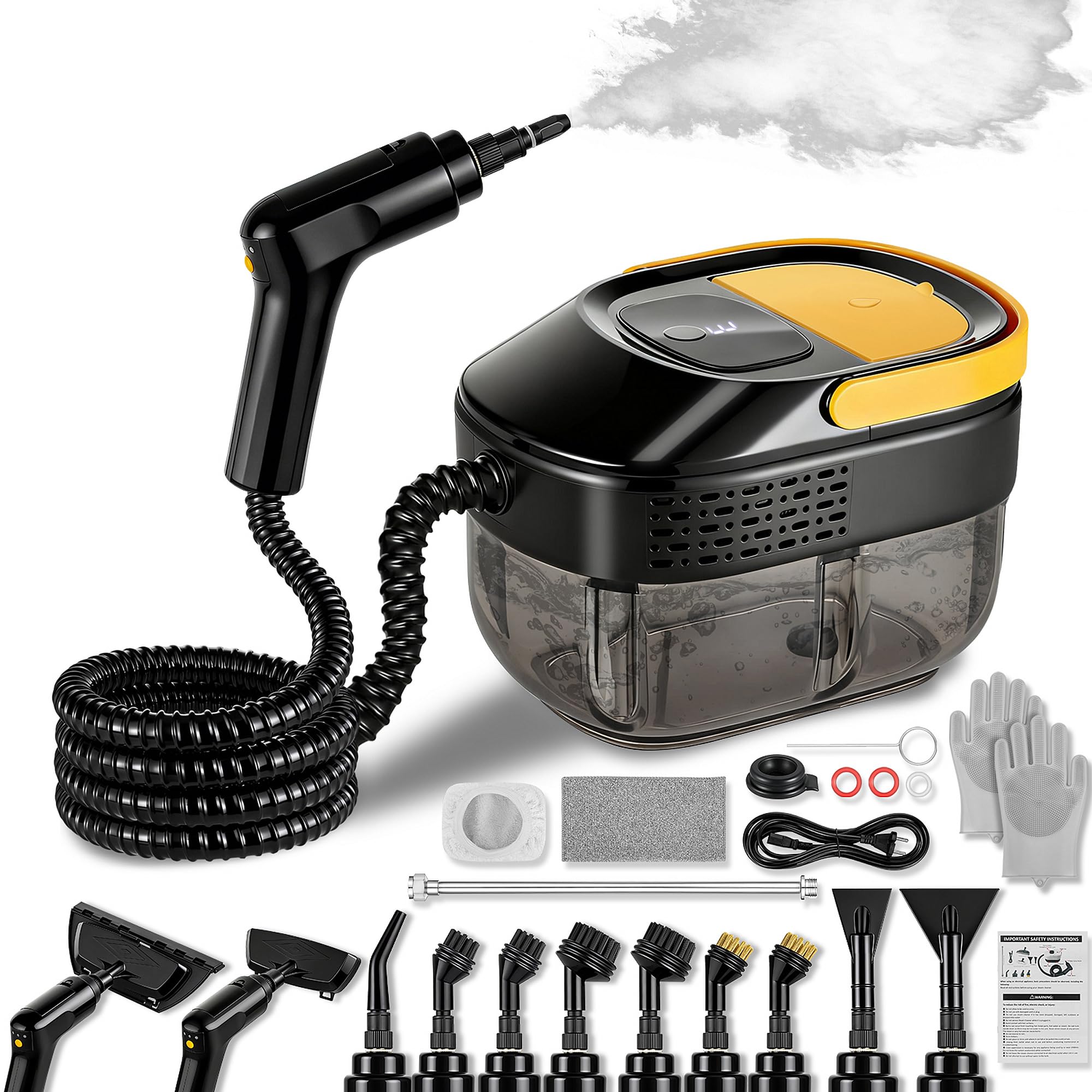 Pulitore a Vapore Portatile 17-in-1, Casa&Auto, Tempo Riscaldamento 10s, Serbatoio 1600ml, 3 Livelli Vapore Regolabili su Impugnatura, Raggio 4,5m, Accessori: Cucina, Bagno, Pavimenti, Finestre, Auto