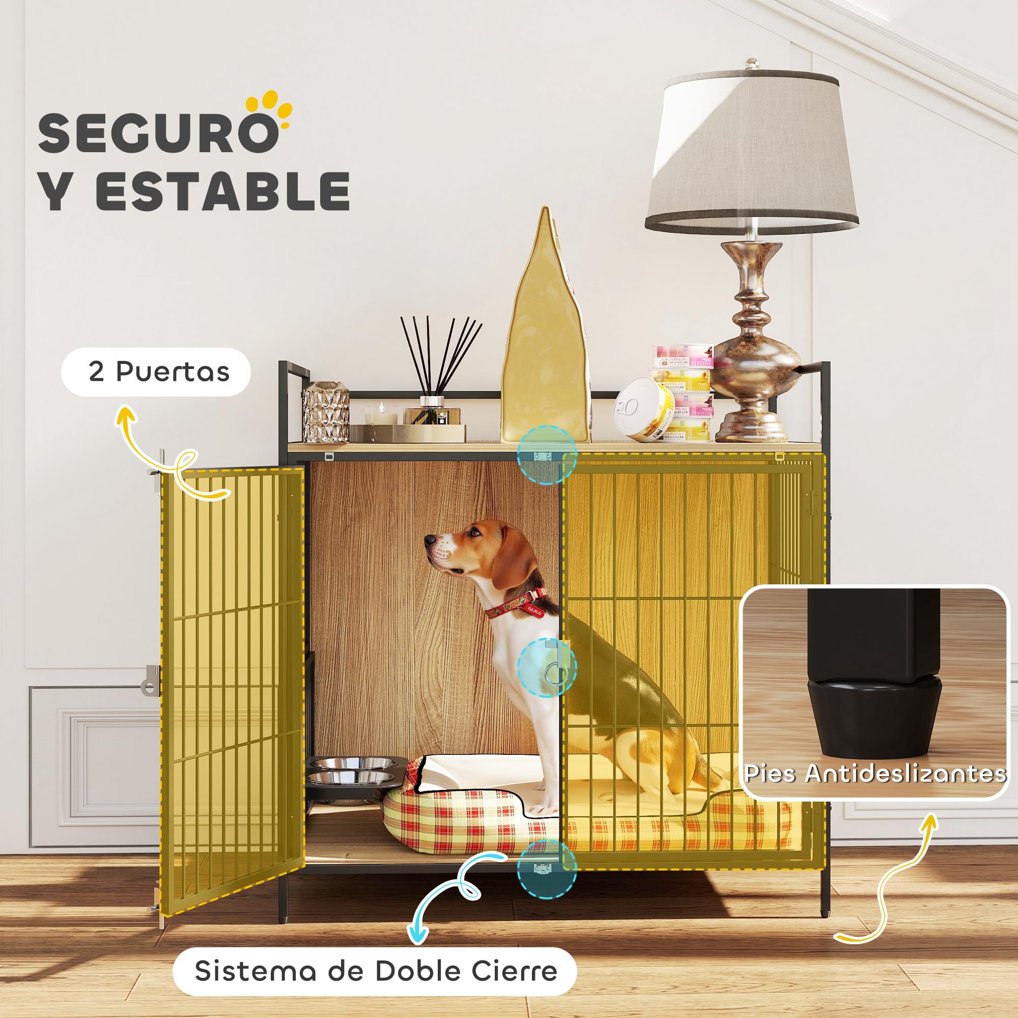 PawHut Jaula para Perros Mesa Auxiliar Moderna Casa para Mascotas con Soporte Giratorio con 2 Tazones 2 Puertas y Estante de Almacenamiento Superior para Perros Medianos 80x56x76,5 cm Roble