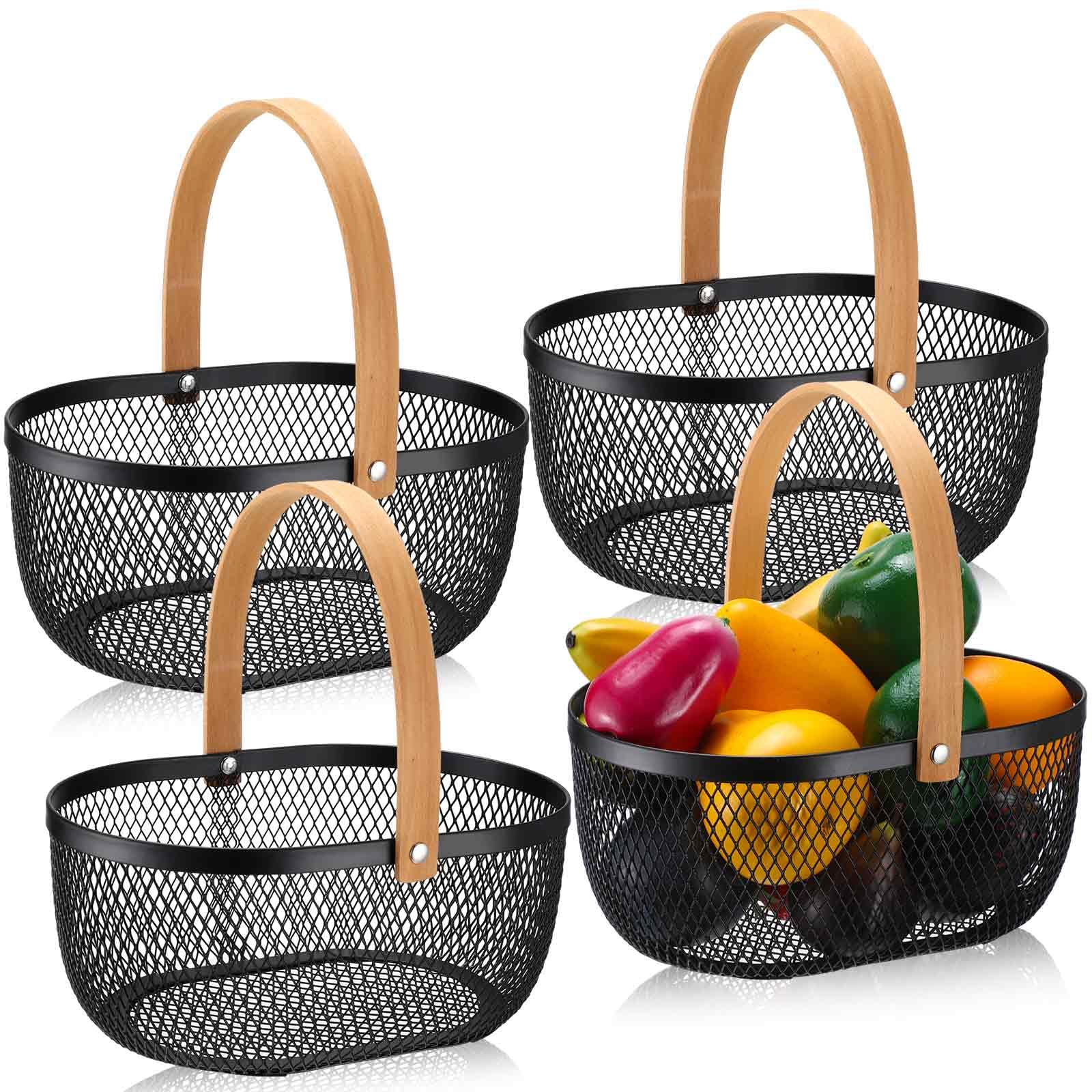 4 Pcs Oval Metal Wire Storage Basket with Handle Hanging Harvest Basket for Gathering Vegetables Multi Functional Black Mesh Basket for Kitchen Bathroom Picnic Home, 10.24 x 7.68 Inch